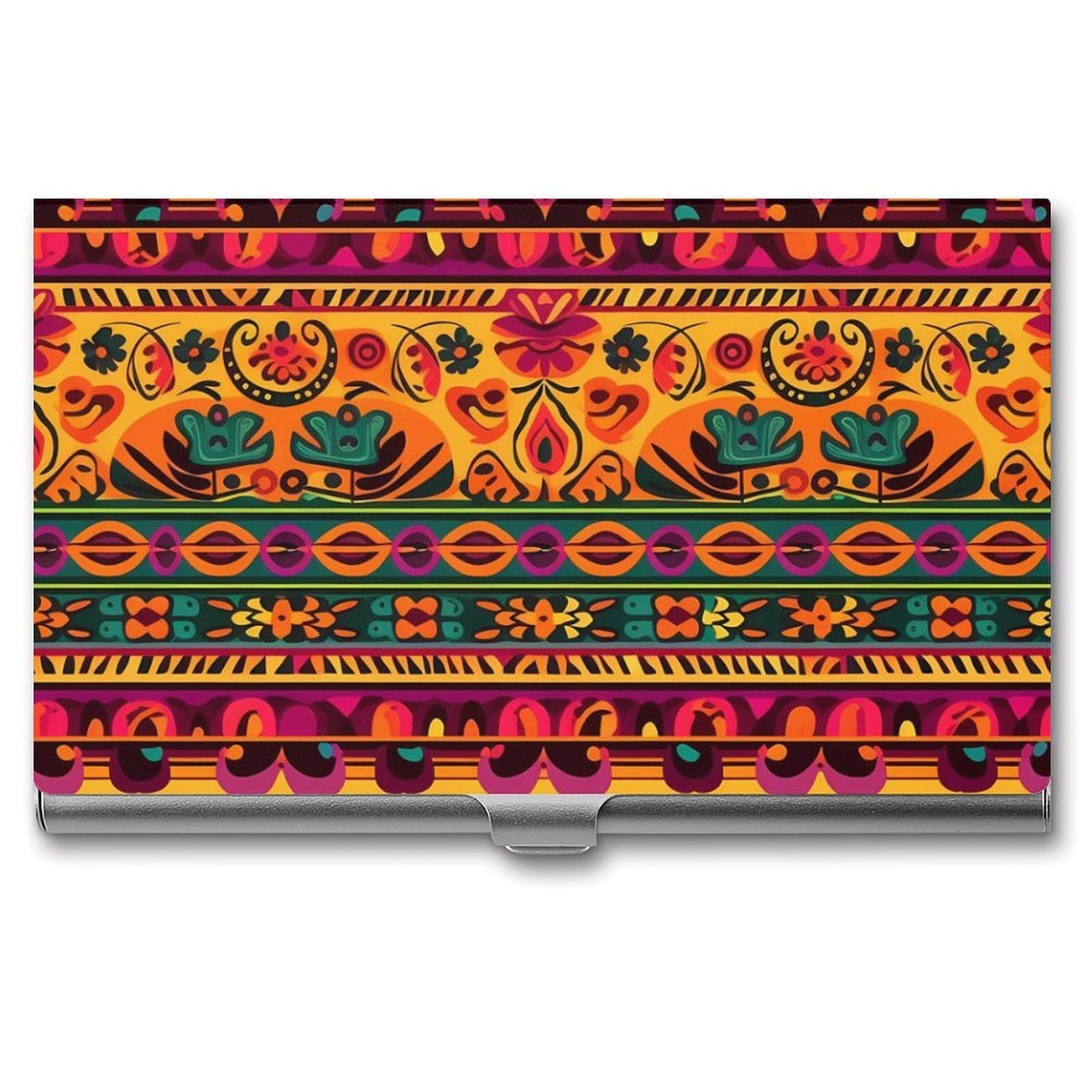 BTCOWZRV Mexican Folk Art Boho Business Card Holder Metal Slim Business Card Case, Pocket Card Holder for Men Women Purse Name Card Holder Stainless Steel Wallet Credit ID Case for Office