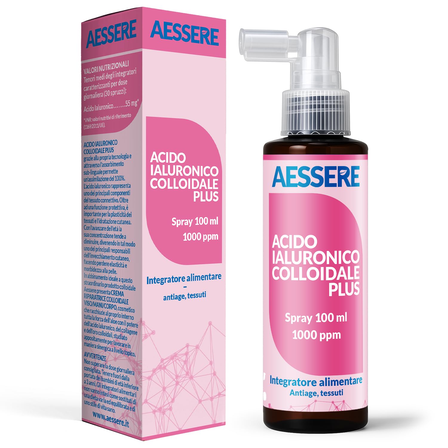 Acido Ialuronico Colloidale Spray - Formula Innovativa ad Alta Biodisponibilità, Integratore Pelle e Viso per un’idratazione Profonda - Made in Italy - 100ml Aessere