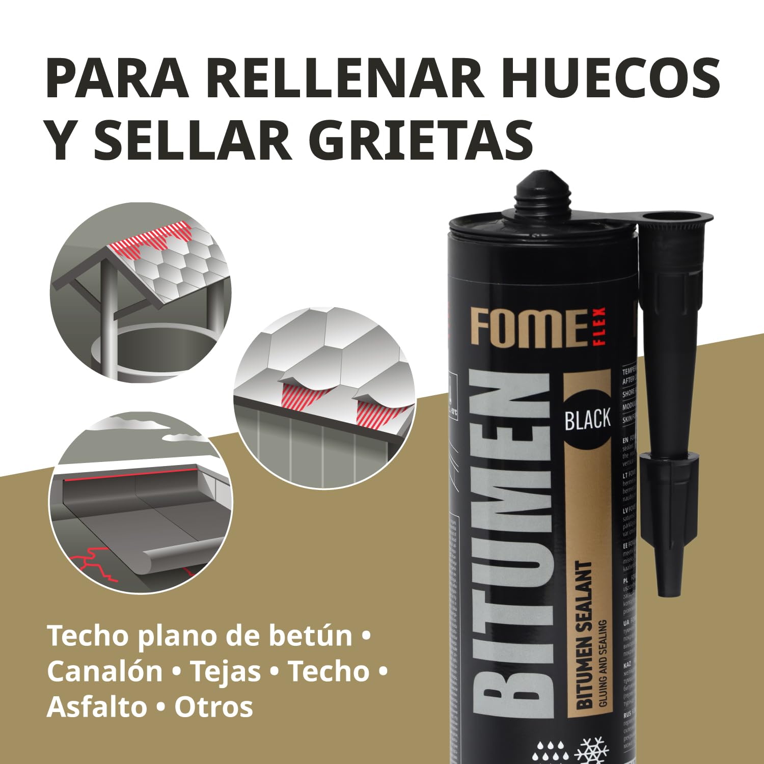 Sellador Bituminoso – Sella Filtraciones en Tejados y Canalones en Húmedo o Seco – Soporta de -50°C a +90°C – Se Adhiere a Betún, Cemento, Madera y Metal – 4 x 300 ml