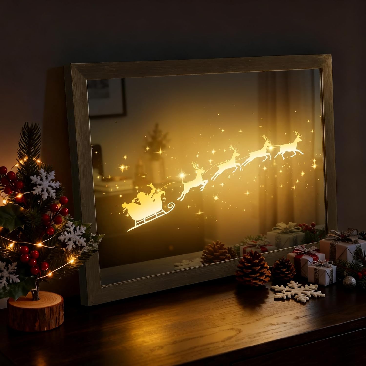 VIYYIEA Christmas Decor+Mirror+Led Light, Versatile 3-in-1 Design, Line Ornaments Wall Art, Decorative Mirror with USB Power, Modern Illuminated Wall Decor for Living Room 20L x 16W