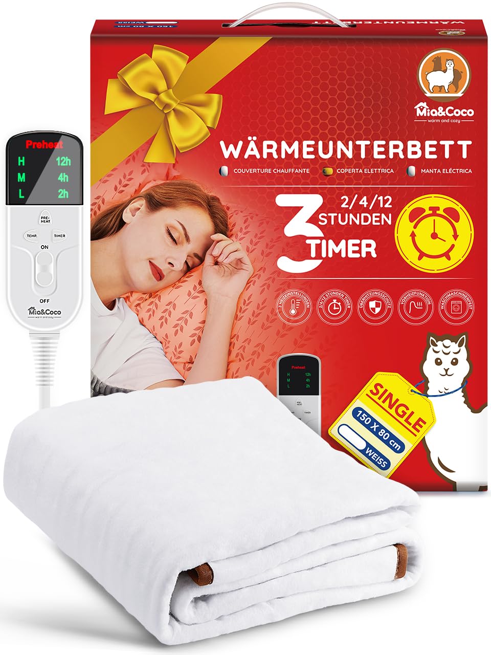 Mia&Coco Heizdecke mit Abschaltautomatik, 150 x 80 cm, Wärmeunterbett mit 12-Stunden-Timer und 3 Wärmestufen, LED-Anzeige, Überhitzungsschutz, Wärmedecke für Gängigen Matratzen,Maschinenwaschbar