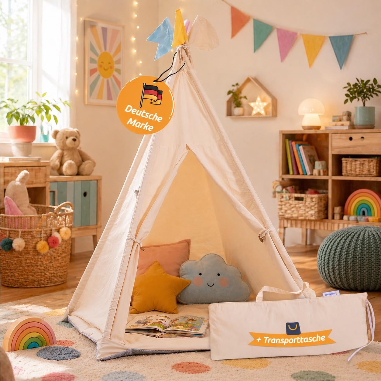 Nachtwaechter Tipi Zelt für Kinder I Kinderzelt Indoor mit 2 Kissen, Fenster & Vorhängen I Tipi Kinderzelt Indoor aus Baumwolle & Holz - Ideal im Kinderzimmer, bei Geburtstagen oder unterwegs