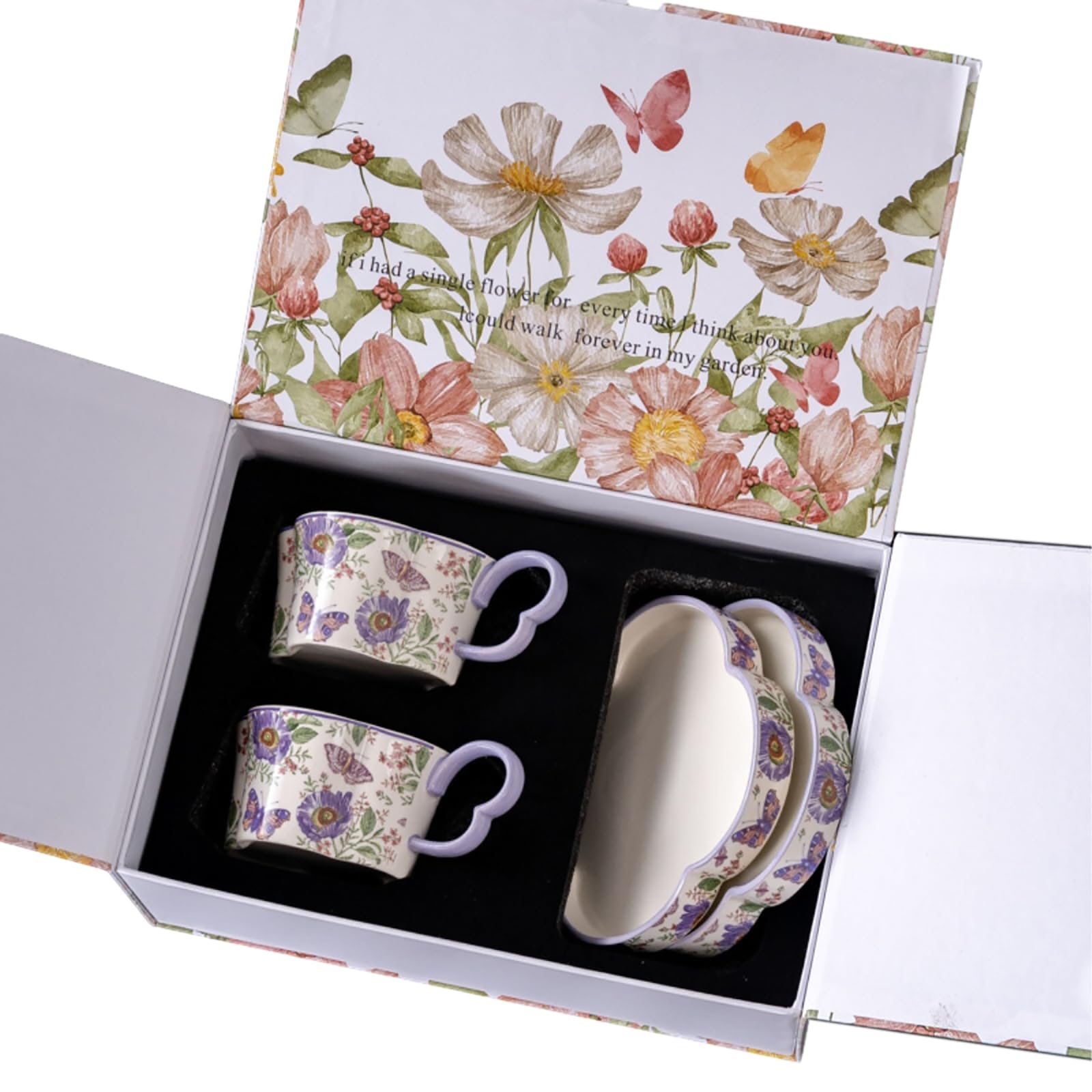 Ceramiczny zestaw filiżanek do kawy i spodków, 255 ml, kwiatowy wzór motyla, luksusowy styl retro, tajny motyw ogrodowy, do użytku domowego i biurowego, 2 filiżanki i spodki