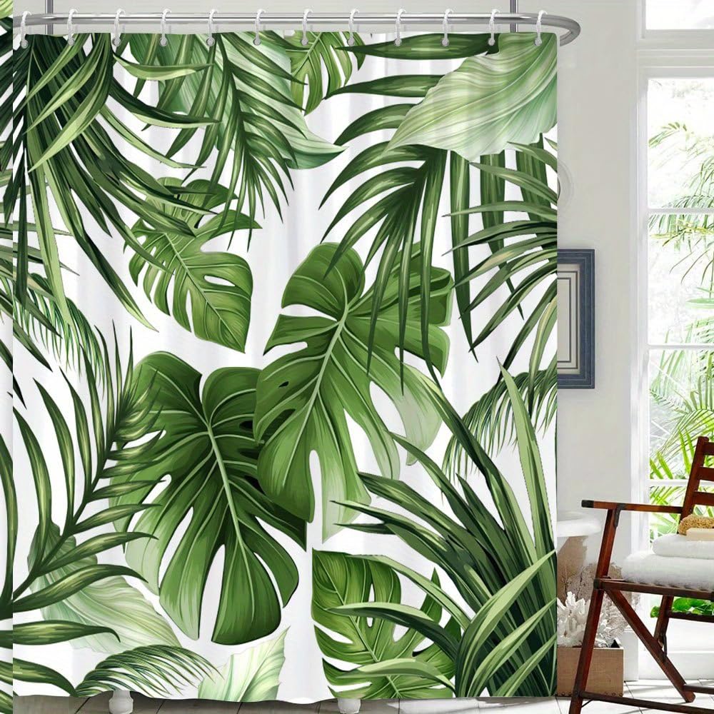 GLKSDLPO 1pc Monstera Leaf Jungle Bath Curtain Vibrant Polyester Shower Curtain with Lush Green Leaves and Detailed Veins 12 Hooks(183x214cm/72x84in(WxH))
