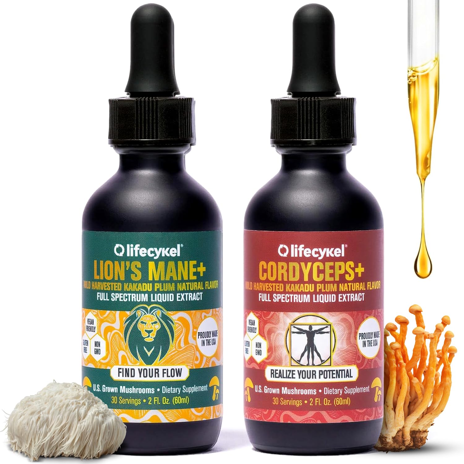 Life CykelCordyceps +Lion's Mane Extract Performance Pack - Organic Mushroom Supplement for Energy, Focus & Mental Clarity - USA Made, Pure & Potent Mushroom Liquid Drops for Adults