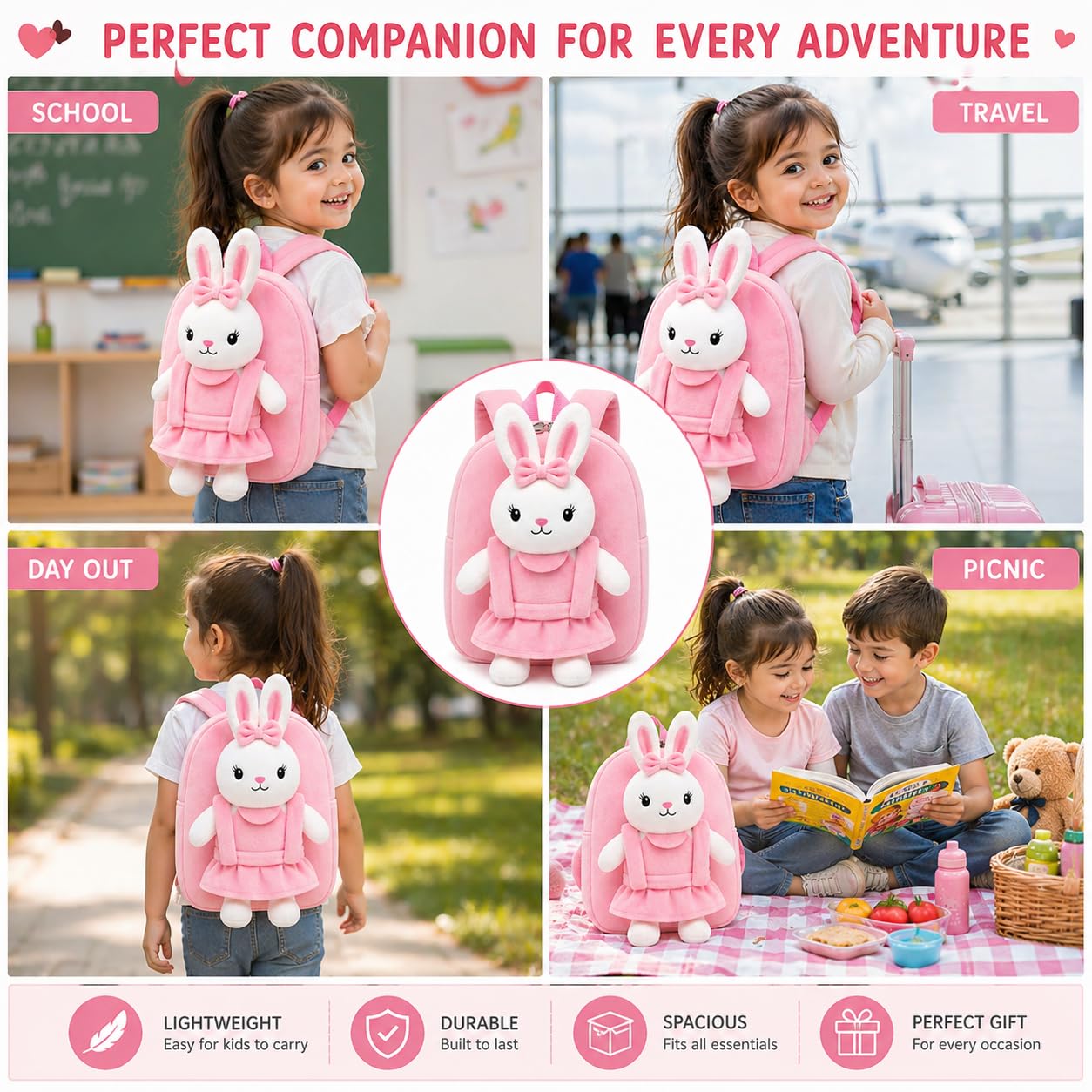 LUXIVA Cute Bunny Plush Backpack for Kids (2–5 Years) | Soft Toy School Bag for Boys & Girls | Lightweight Nursery Travel Backpack | Mini Toddler Bag with Zipper Pocket 4