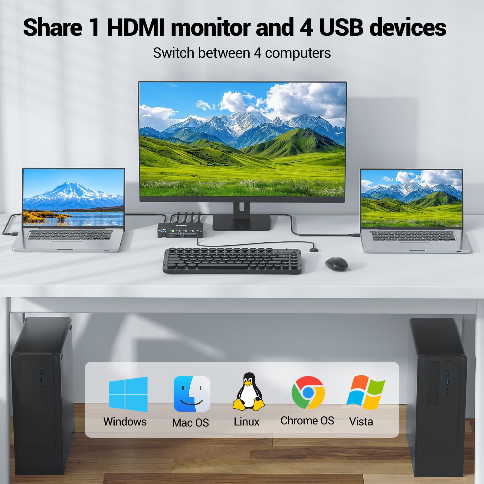 Conmutador KVM 4K 4 puertos USB-C HDMI DP EDID USB 3.0 60Hz para 4 computadoras teclado mouse 1 monitor HDMI