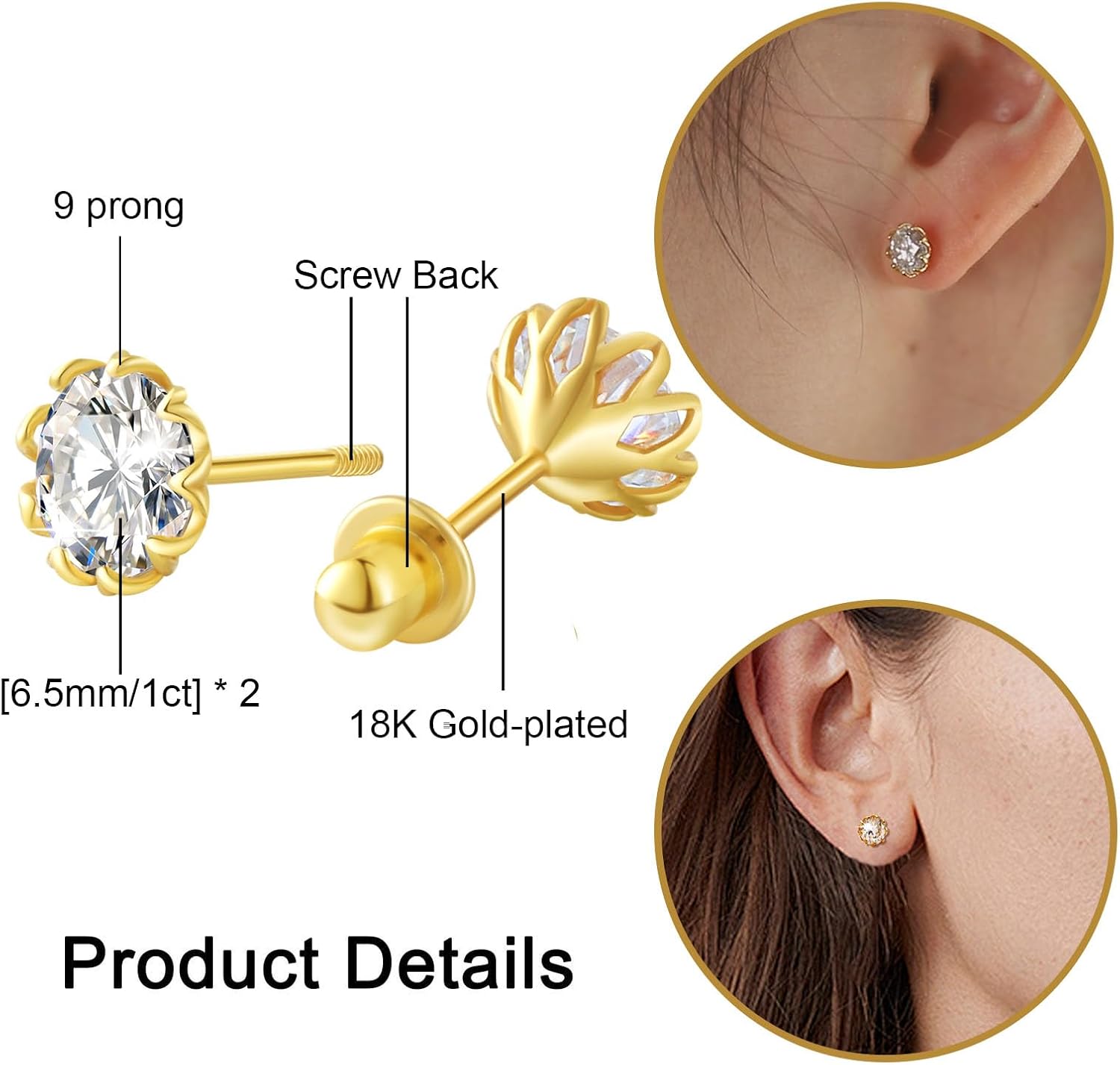 2CT Moissanite Screw Back Earrings - 18K Gold-plated Moissanite Earrings for Women 925 Sterling Silver Piercing Hypoallergenic Jewelry Ear Stud Gifts - Image 4