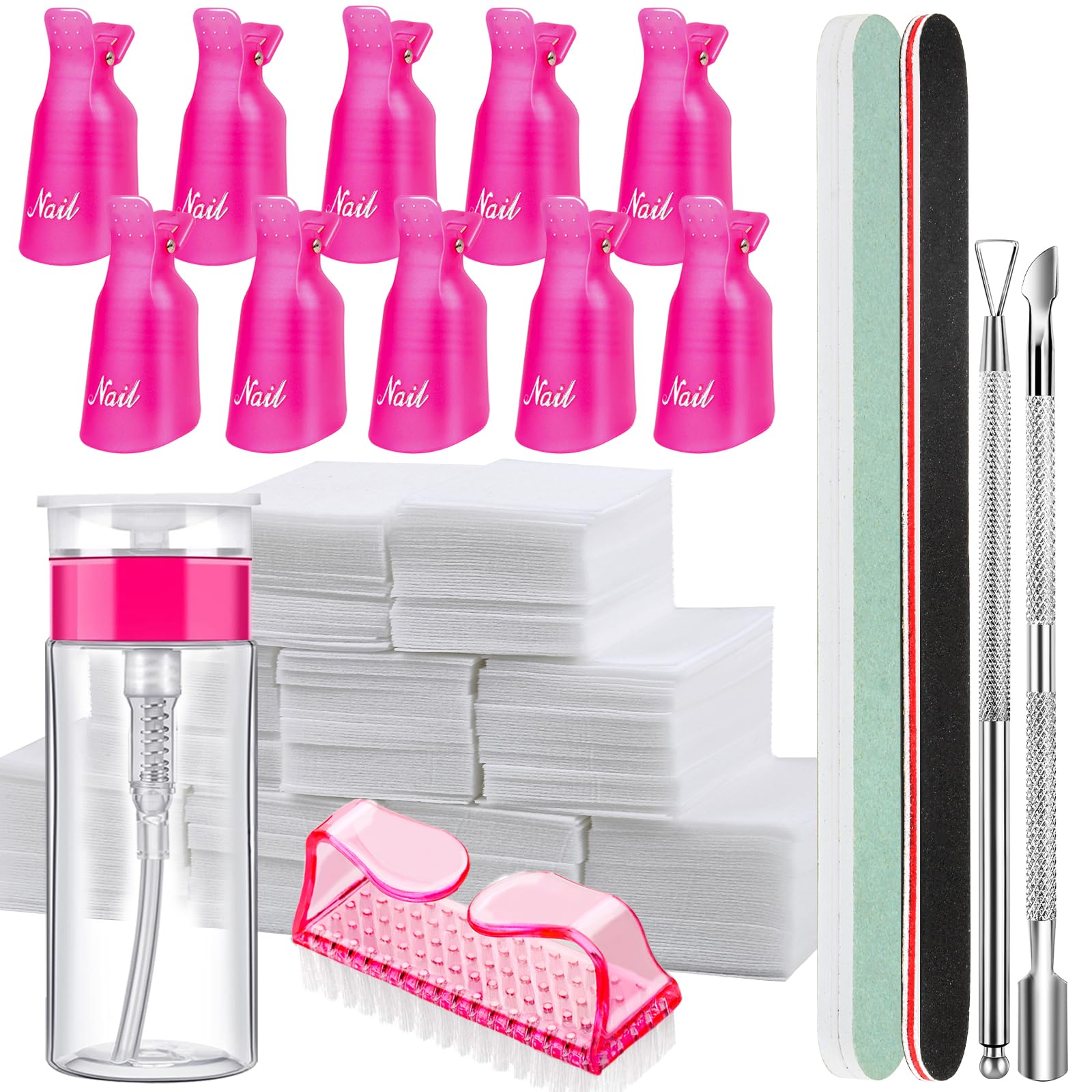 FANDAMEI Nagellackentferner Werkzeuge Set, Nagel Clips Kappen, 500 Stk. Wattepads für Gelnägel, Nagelhautschieber Edelstahl, 2 Stk. Nagelfeile, Nagelbürste, 100ML Leere Pump Spenderflasche Rosarot