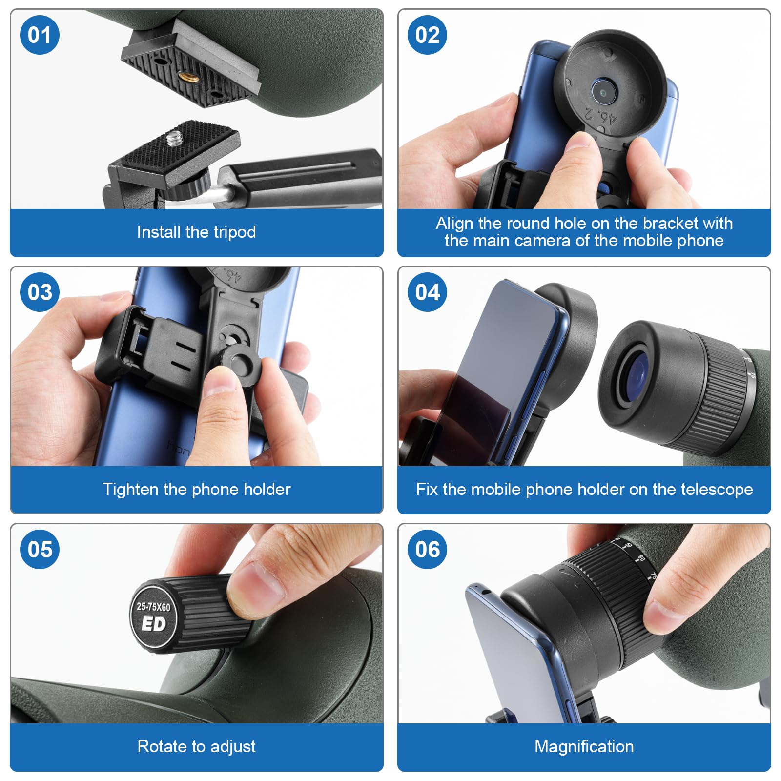 Cannocchiale, 25-75x60 Cannocchiale con Treppiedi, ED FMC Ottica Bak4 Prisma IPX7 Impermeabile Telescopio Spotting Scope con Smartphone Adapter per Tiro a Segno, Birdwatching, Caccia