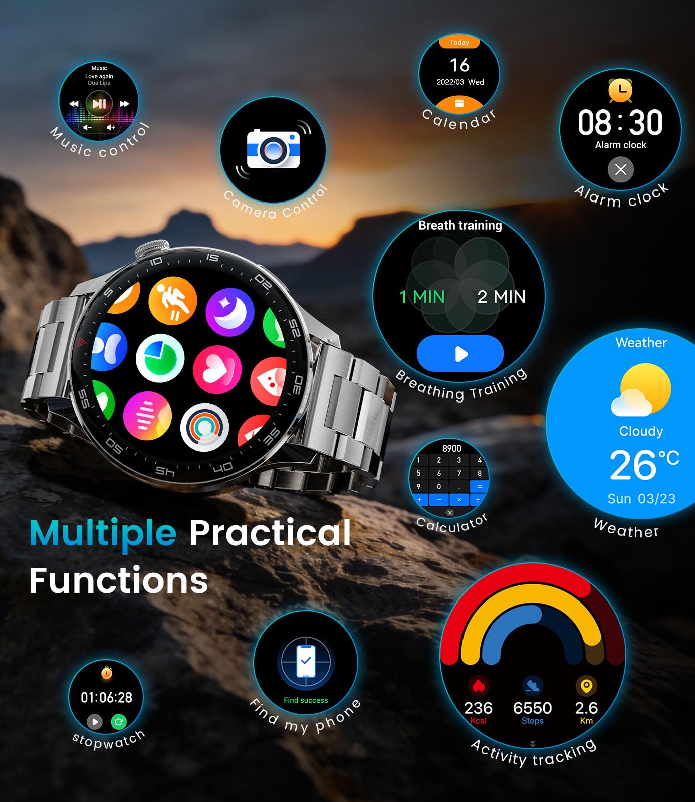 Reloj Inteligente Hombre, LIamadas Bluetooth, 1,7"Grande Smartwatch Hombre con Linterna LED/800 mAh/IP68, 100+ Modos Deportivos, Monitor de Frecuencia Cardíaca y Sueño, Android e iOS, Plateada