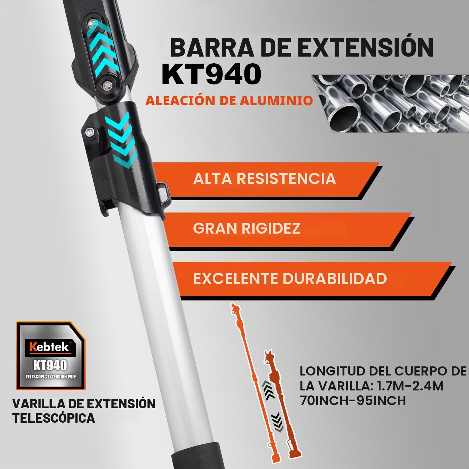 Vara Telescópica Kebtek Para Tijeras de Podar Eléctricas | Vara extensible de aluminio KPRO 21 V, 1,7 m–2,4 m, regulable en 2 tramos, compatible con KT940/KT933/KTE-35/KT9035/KTN-35