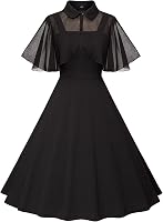 Milreason 1950s Vintage Swing Cocktail Dress for Women - Goth Style with Pockets & Chiffon Shawl