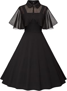 Milreason 1950s Vintage Swing Cocktail Dress for Women - Goth Style with Pockets & Chiffon Shawl