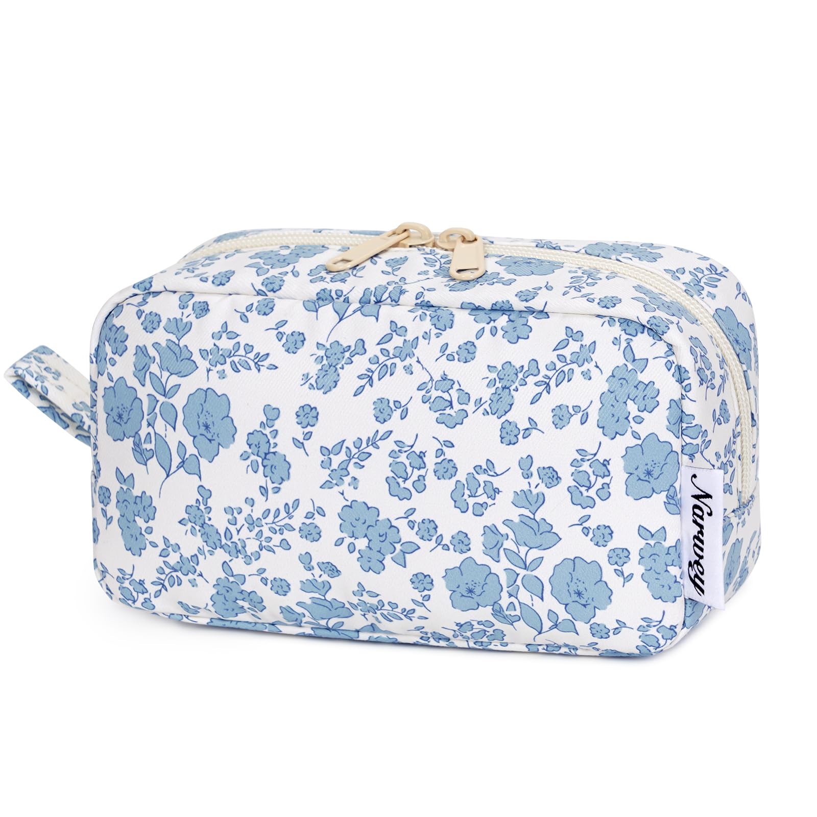 Narwey Small Makeup Bag for Purse Travel Makeup Pouch Mini Cosmetic Bag Zipper Pouch for Women (Blue Flower, Small)