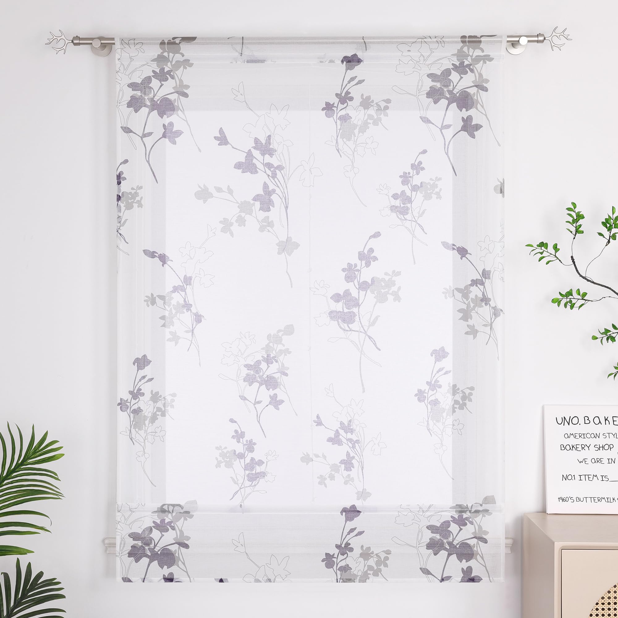 ESLIR Raffrollo mit Tunnelzug Landhausstil Raffgardinen in Leinenoptik Transparent Bändchenrollo für Fenster ohne Bohren Weiß Wohnzimmer Violett BxH 100x140 cm 1 Stück