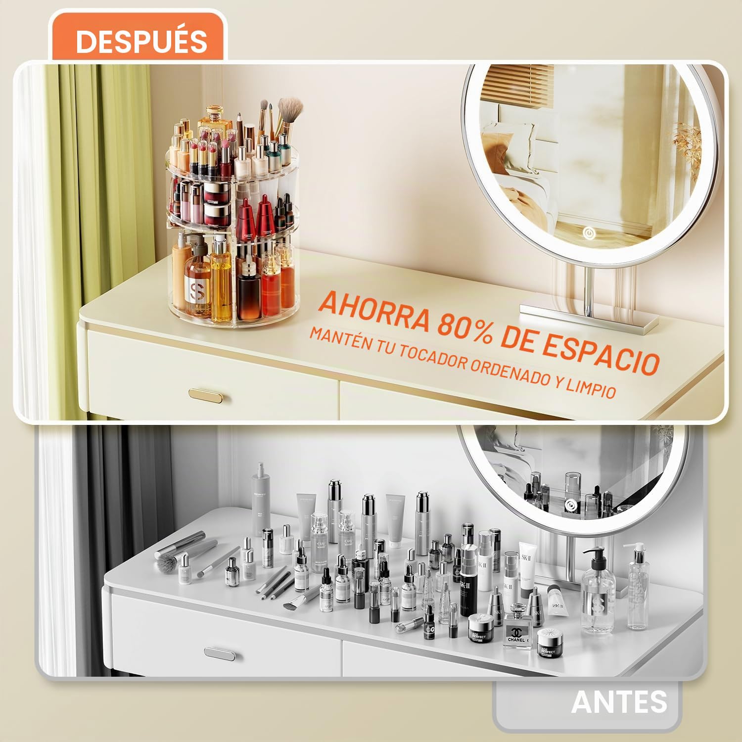 Auxmir Organizador de Maquillaje Giratorio 360, Organizador Perfumes y Cremas, Almacenaje Maquillaje con 9 Niveles Ajustables, para Pintalabios Brochas Baño Tocador, Gran Capacidad, Transparente
