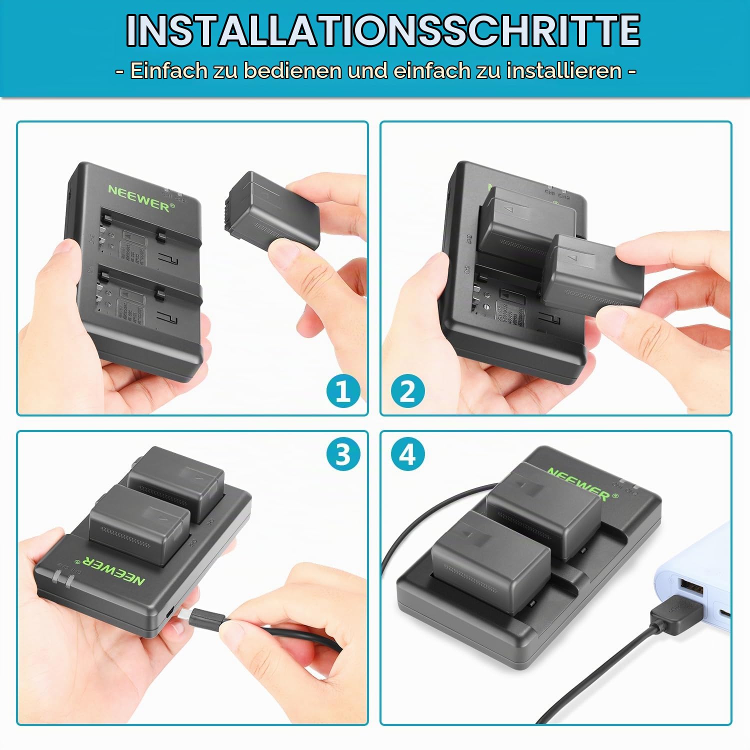 NEEWER Ersatzakku und Ladegeräteset für VW-VBT190, 2er Pack 1950mAh Akkus und Dual USB Ladegerät, kompatibel mit Panasonic HC-V110, V130, V160, V180, HC-V201, V210, V250, HC-V380, HC-V510, V520, V550