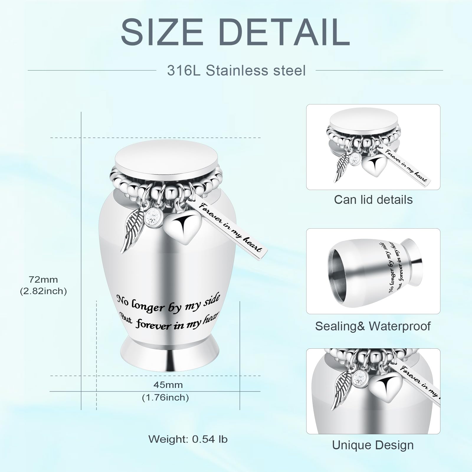 Small Urns for Human Ashes Keepsake Cremation Urn for Human Ashes with Wings Charm Mini Personal Funeral Urn for Pet (Silver Small Wings) - Image 2