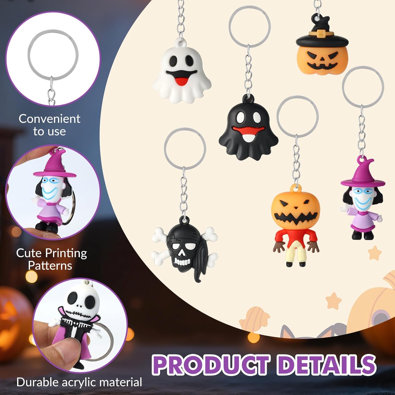 48 Pcs Halloween Cute Keychains Bulk, Ghost Pumpkin Bat Shaped Rubber Ornaments With Keyrings For Halloween Party Supplies, Classroom Giveaways