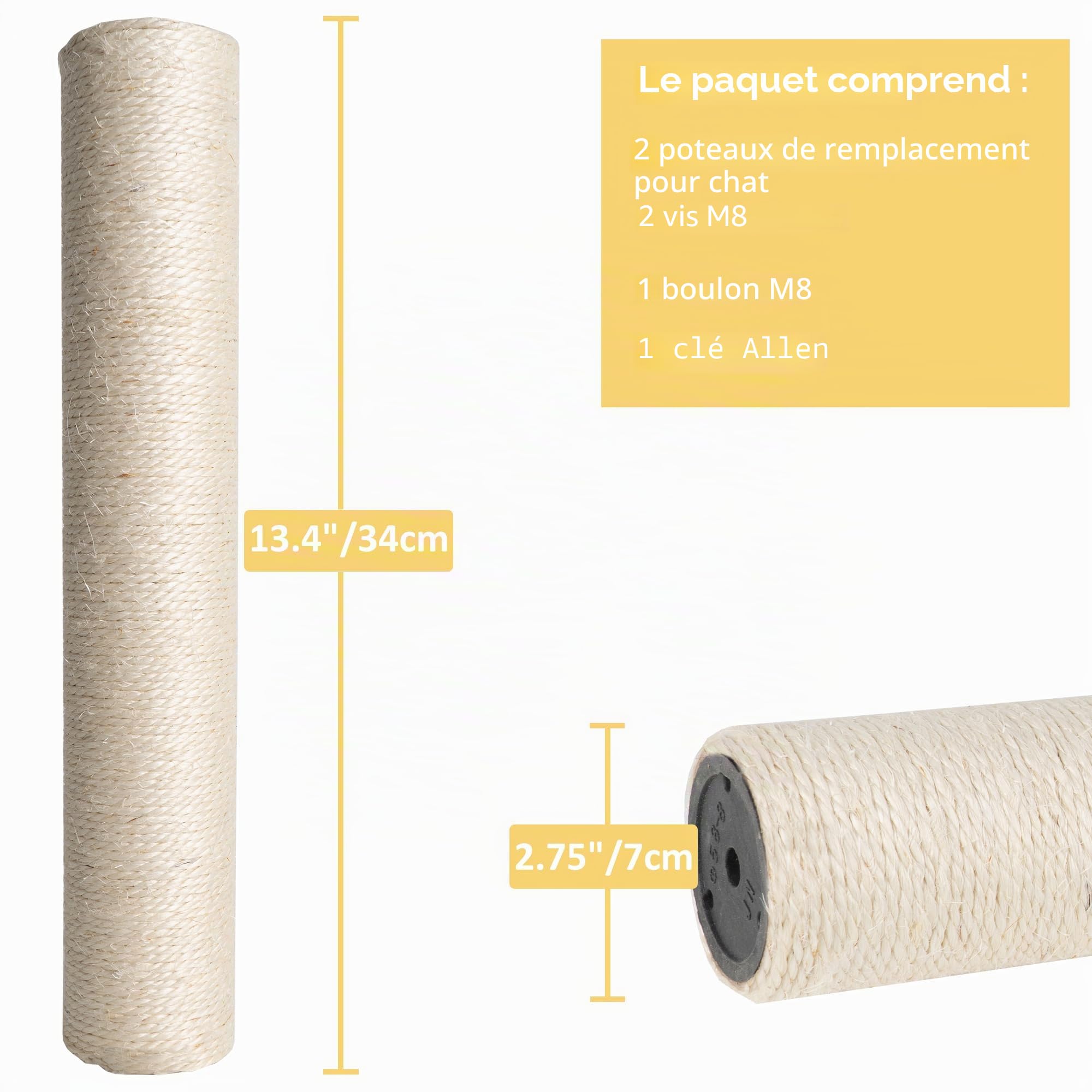 Dimaka Poteau de rechange pour arbre à chat pour chats, carton et sisal naturel (beige, 2 troncs, 34 cm)
