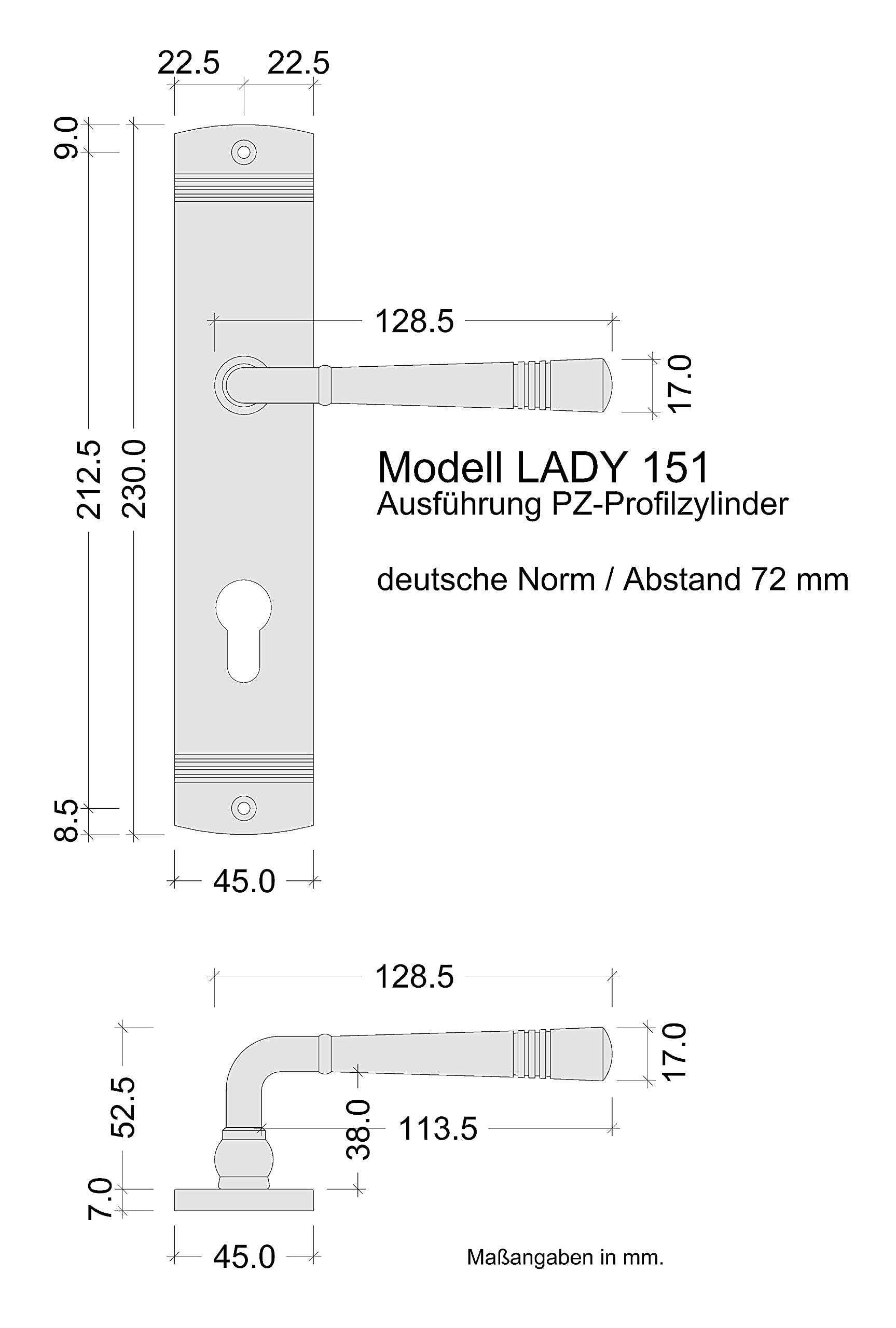 JUVA Drückergarnitur Zimmertür Türgriff Türbeschlag Antik Messing poliert auf Langschild | PZ - Profilzyinder | Türklinke verchromt poliert glänzend | Modell LADY 151 | Baubeschläge