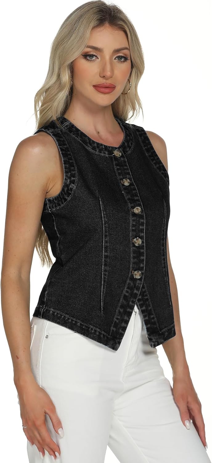 D-Sun Women Denim Vest Sleeveless Crewneck Button Down Jean Waistcoat Casual Front Slit Slim Denim Tank Top - Image 5
