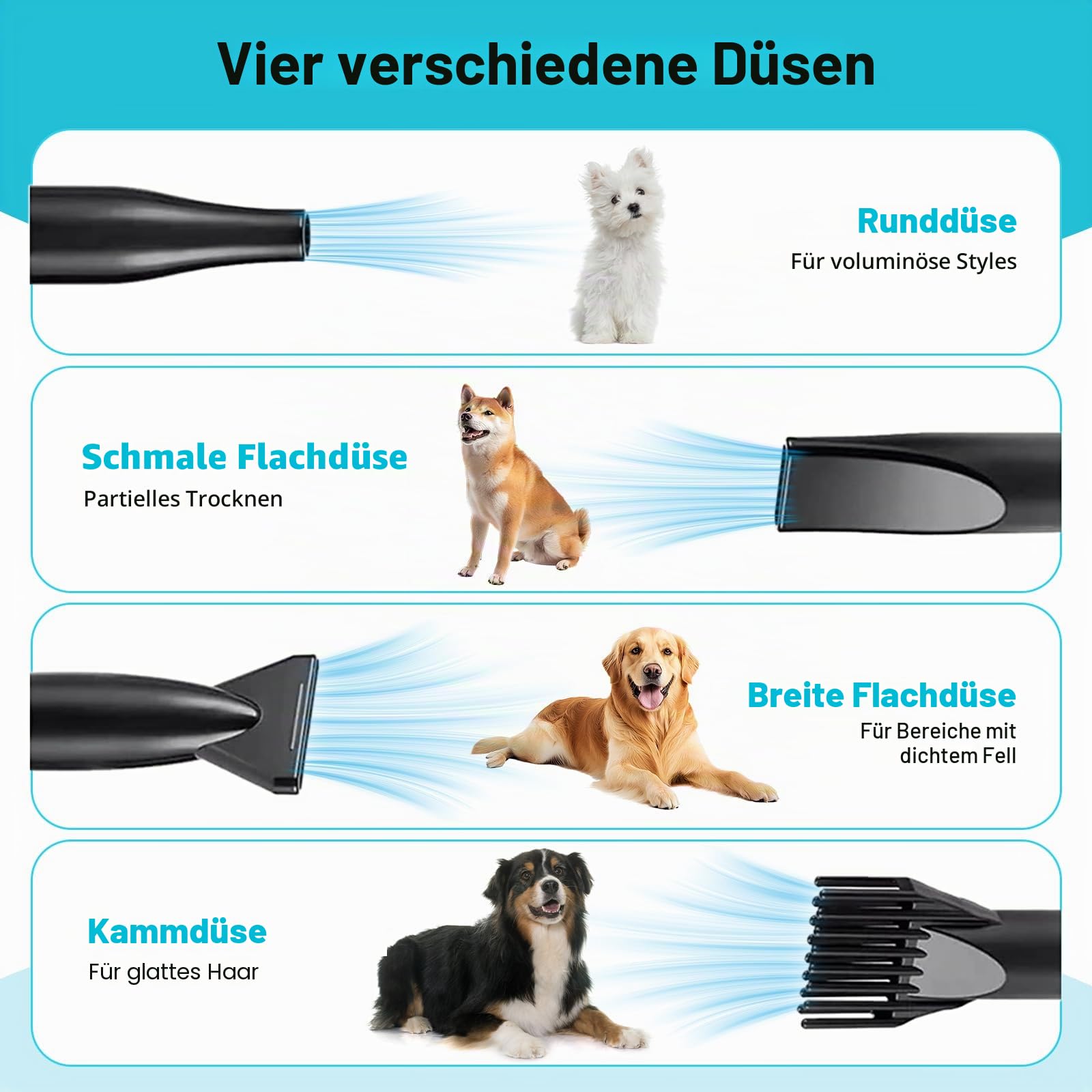 Hundefön Hundetrockner, 2800W Profi Blower hundefön, Einstellbare Geschwindigkeit und Wärme, Pet Dryer Haustier Haartrockner Hundepflege -Trockner-Gebläse mit 4 Verschiedenen Düsen (Weiß)