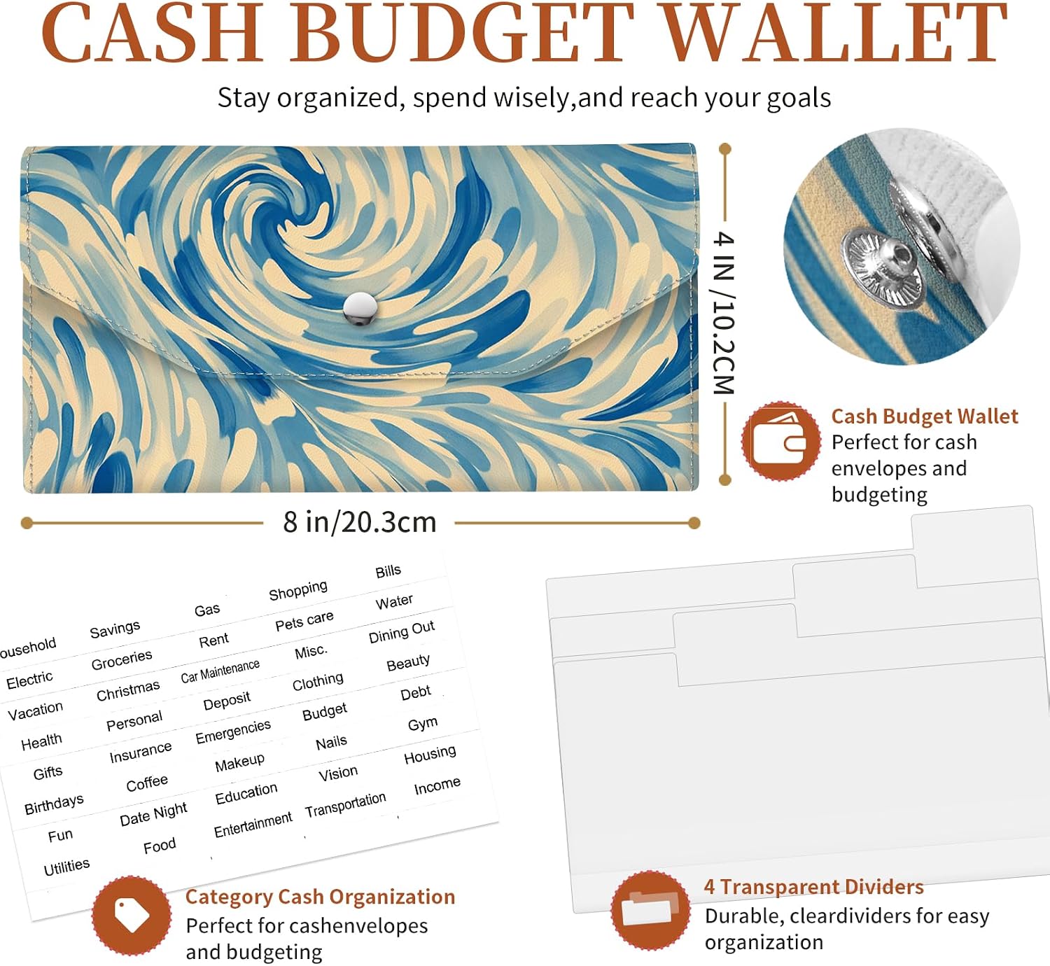 Cash Wallet & Money Envelopes for Cash, Reusable Leather Money Saving Envelop with Snap Closure and 4 Dividers & 1 Category Stickers, Cute Envelop Wallet for Women and Men Ocean Wave image 2
