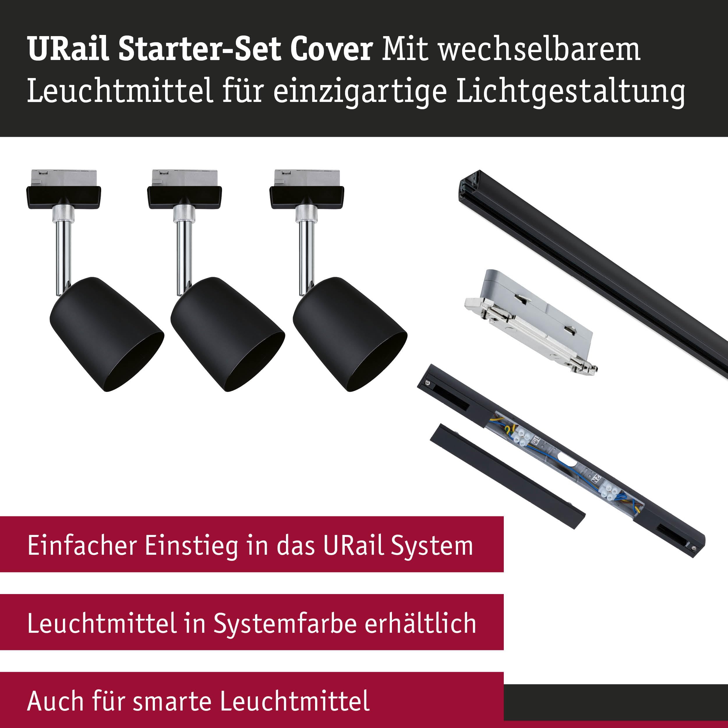 Paulmann 5244 URail Schienenspot Cover Starterset GU10 max. 10W dimmbar 230V Schwarz matt, Chrom