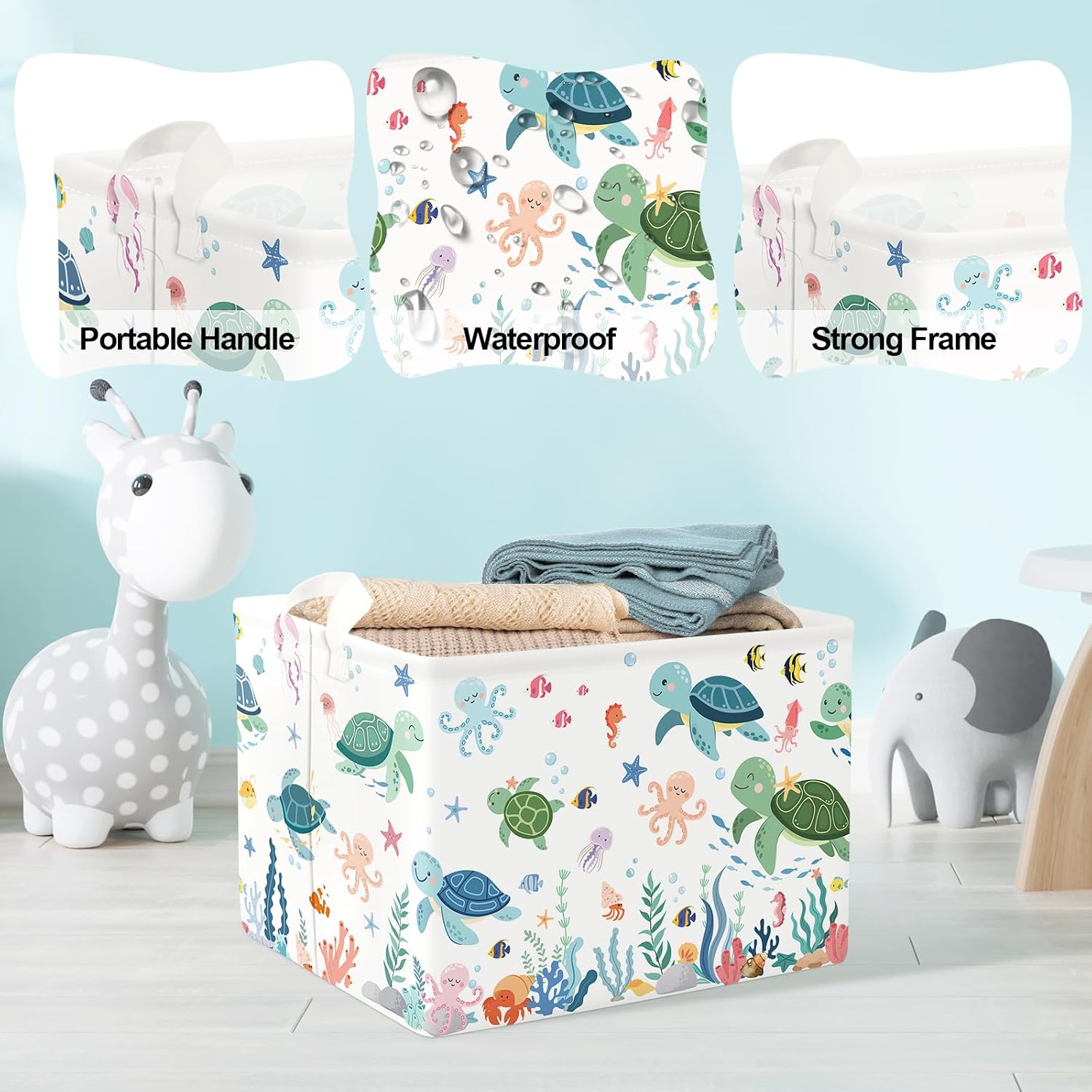 Clastyle Adorable Ocean Animals Kids Book Storage Basket Sea Turtle Clothes Laundry Basket Parents Gift Toy Box for Bedroom Shower, Green Turtle, 40x30x30 cm