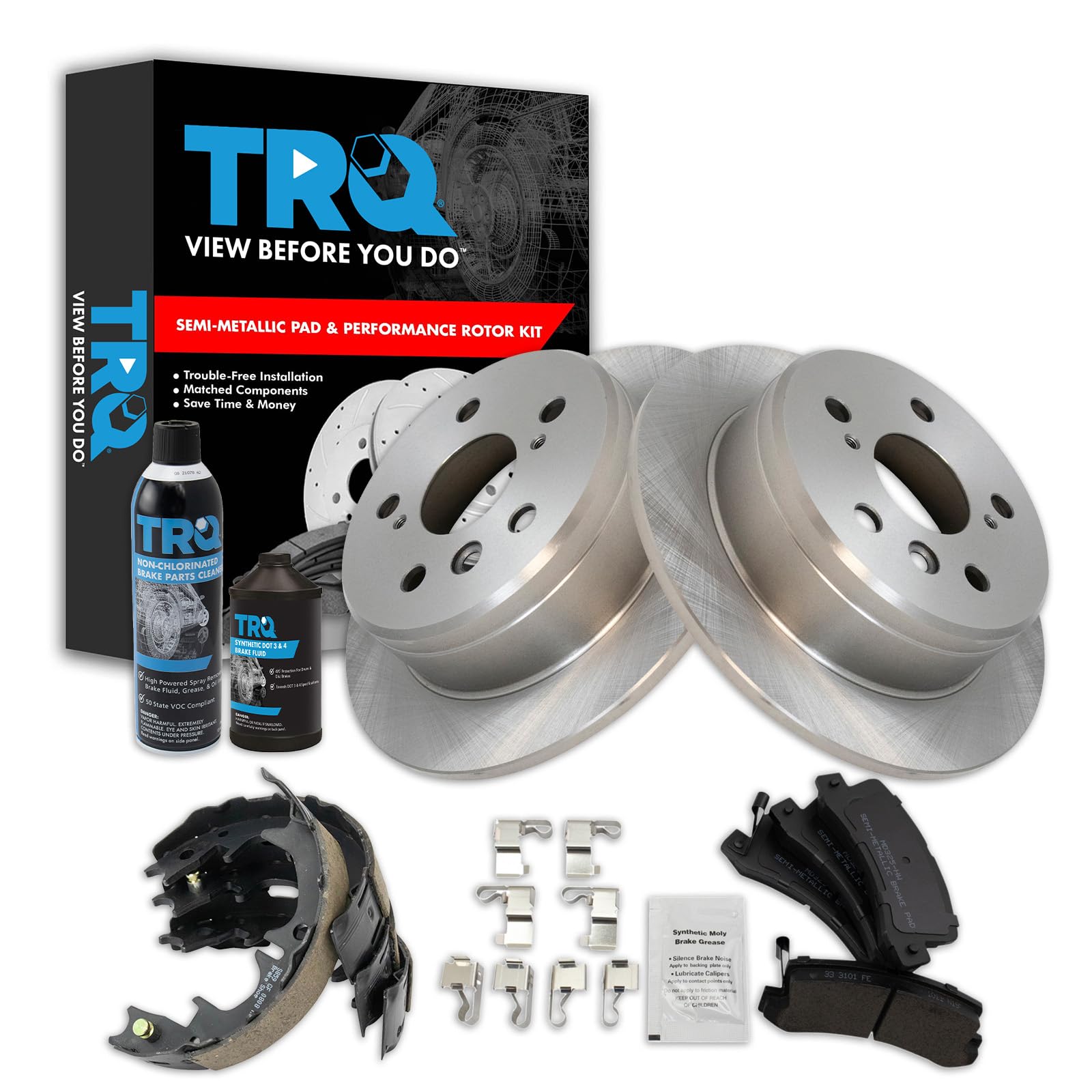 TRQ Rear Brake Pad &amp; Rotor Kit, with Chemical Kit Parking Brake Shoe Set Semi-Metallic Compatible with 1997-1999 Lexus ES300 1992-1999 Toyota Camry 1999 Solara