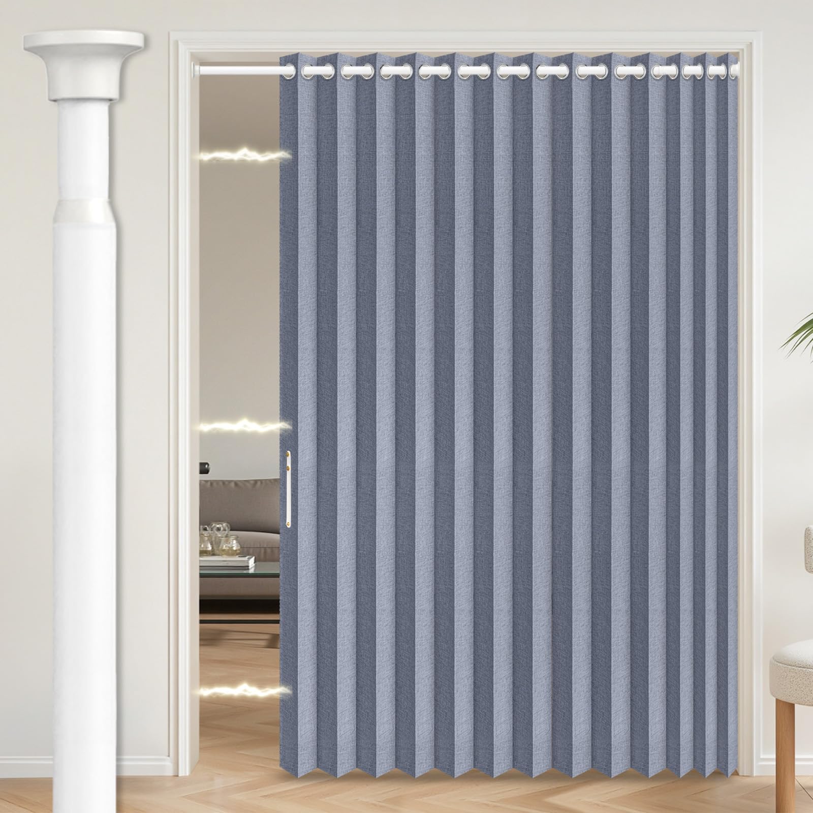 AJAZZ Blackout Accordion Door Curtains with Curtain Rods Adjustable 28-63" Long, Magnetic Door Curtain Blackout Curtains for Bedroom, Doorway Curtain Set, 1 Pack, W75 x L80 in, Dark Blue