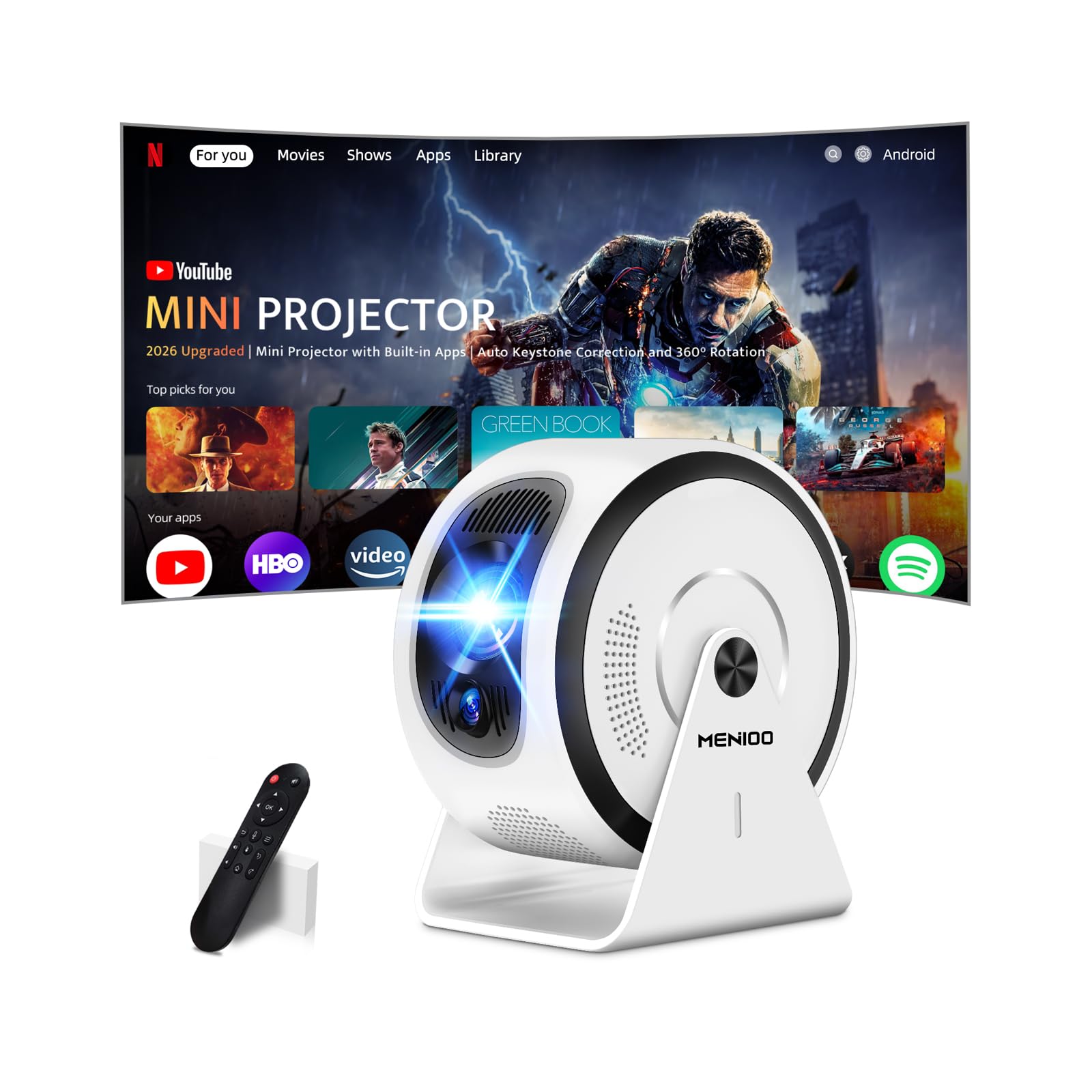 [Built-in Apps & Auto Focus] Mini Projector Support 4K 1080P 2026 Upgraded Portable Projector Auto Keystone and 360° Rotatable with WiFi 6 Bluetooth 5.4 Compatible with HDMI/TV Stick/USB/Laptop-White