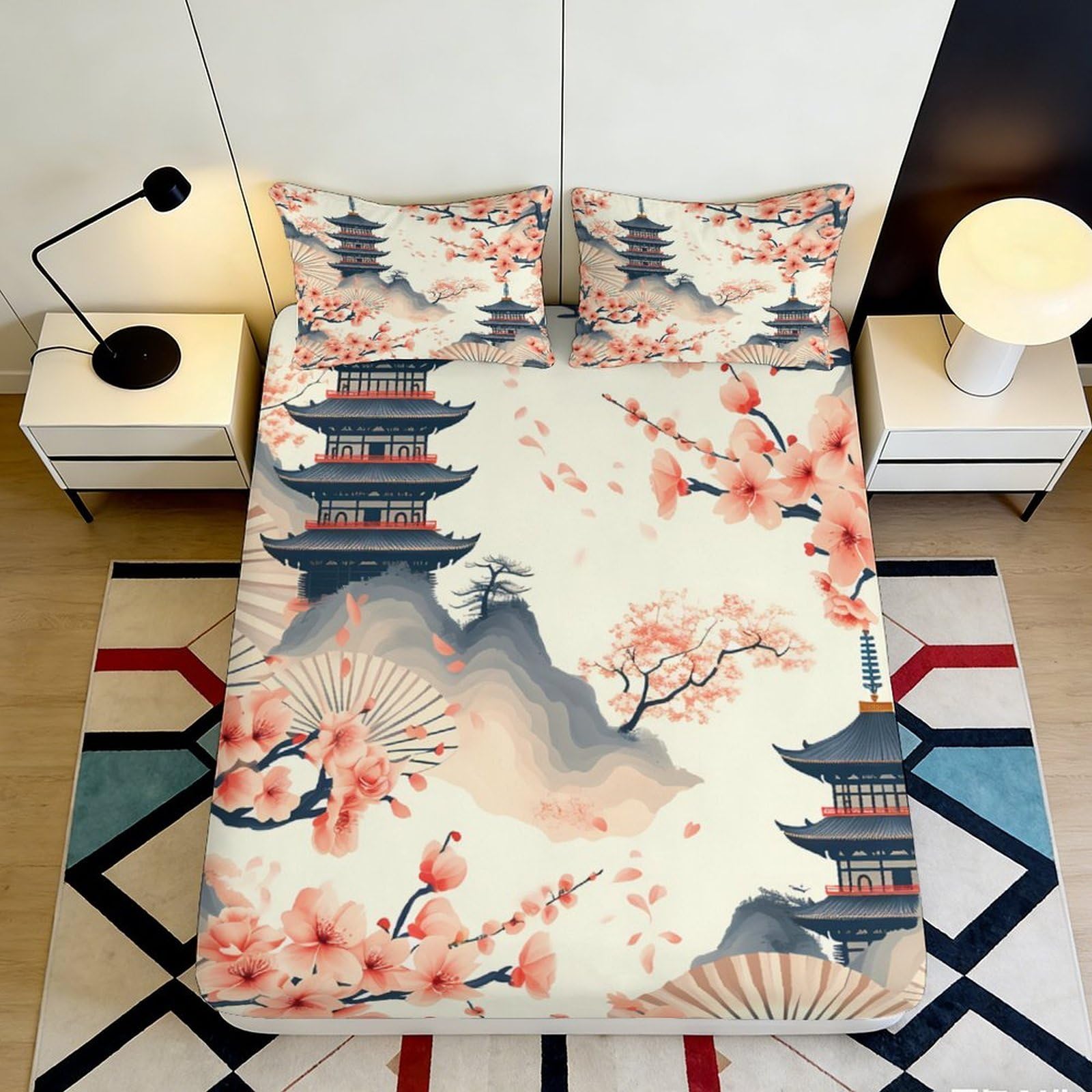 Jqzkxnhpbr Style-1 3D Printed Japanese Pagoda Fitted Sheet Microfiber Soft Cherry Blossom Mattress Cover For Bedroom Guestroom Decor 90X200x25cm