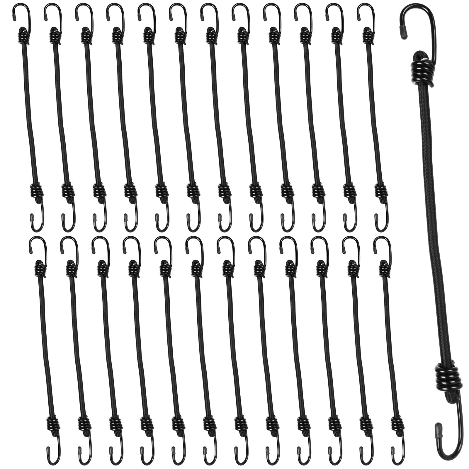 GBACHOOSE 24PCS 12-Inch Heavy Duty Bungee Cord with Hook, Superior Rubber Elastic Tie Down with Metal Hooks for Luggage Rack, Camping, Tarps, Hand Carts (Black)