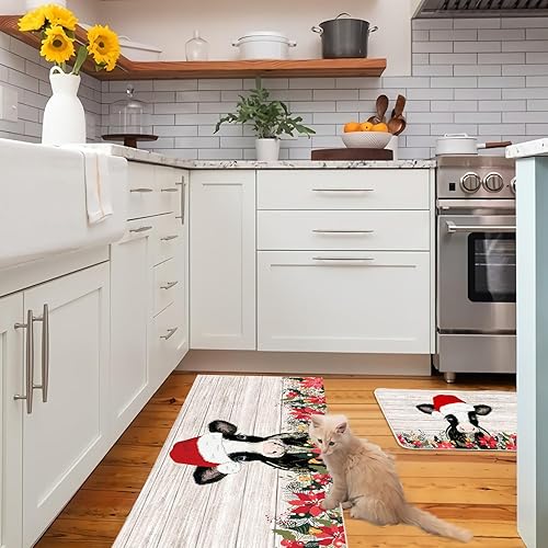 Miniatura 7 de Juego de 2 tapetes de cocina de vaca navideña, 17 x 29 y 17 x 47 pulgadas, diseño de flor de pascua, antideslizantes, para el hogar