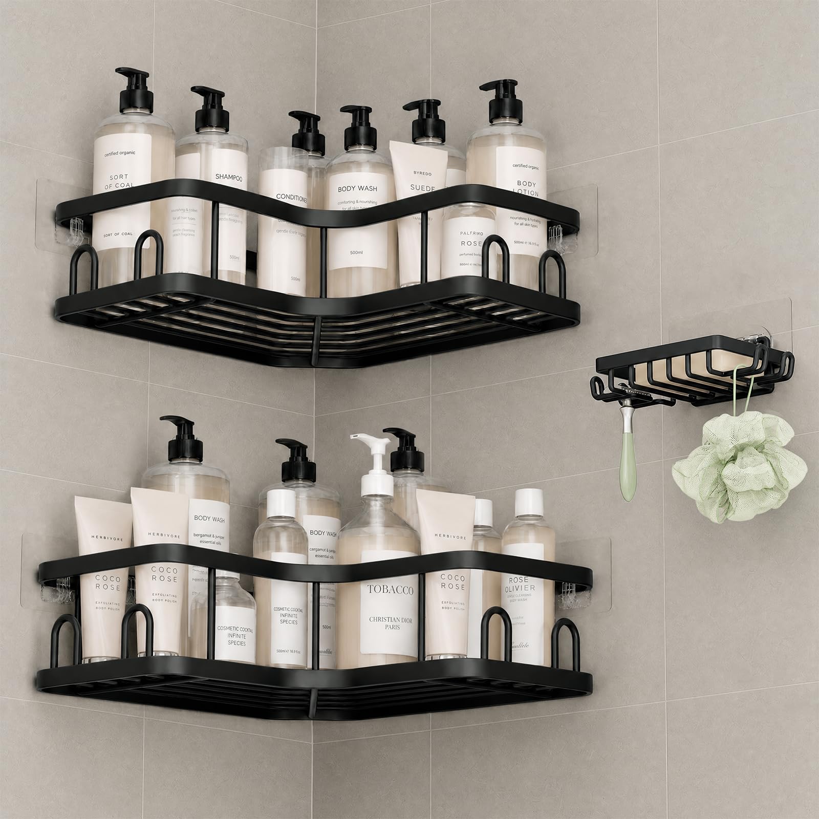 Veken Corner Shower Caddy 3-Pack, Advanced Rustproof Design&Stable Storage | No Drilling Adhesive Shelves, Rack with Soap Hol