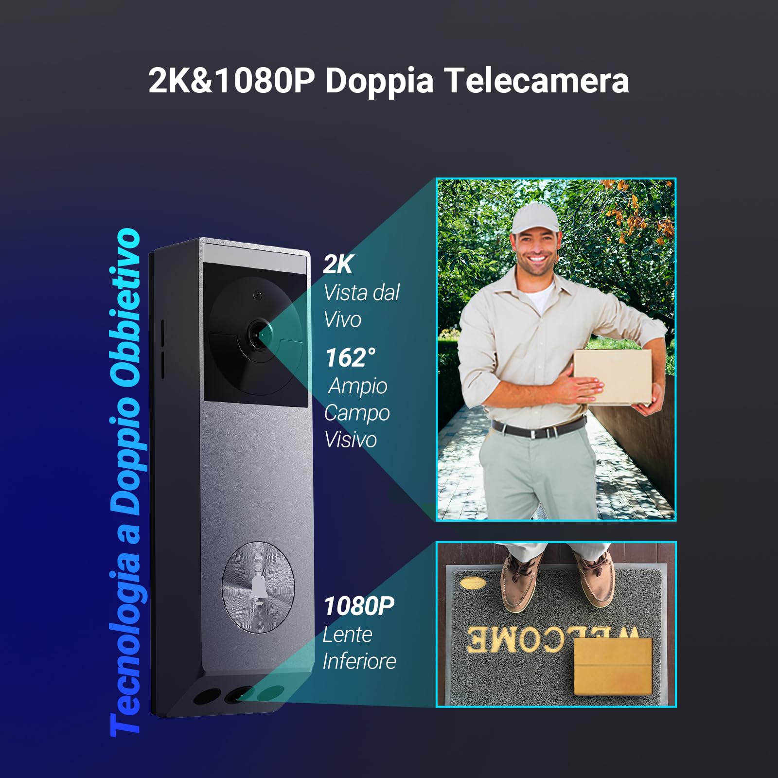 EZVIZ EP3x Pro Campanello Video a Batteria con Telecamera WiFi 2K, Doppio Obiettivo, Rilevamento di Persone/Pacchi, Visione Notturna a Colori, Pannello Solare Incluso, 32GB eMMC, Impermeabile, Alexa