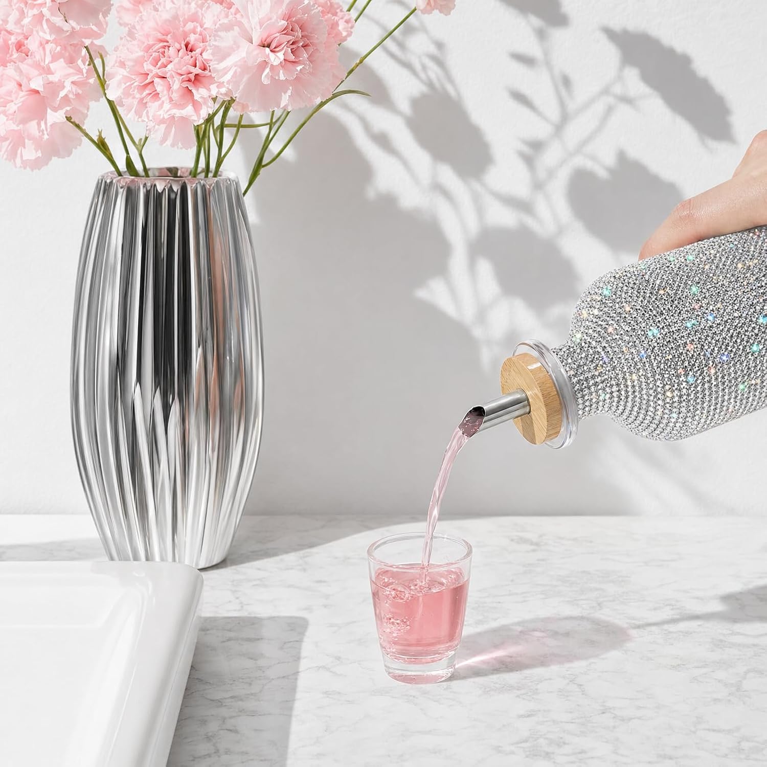 SlowVibes Bling Glass Mouthwash Dispenser with Glass Cup, 11.8 oz