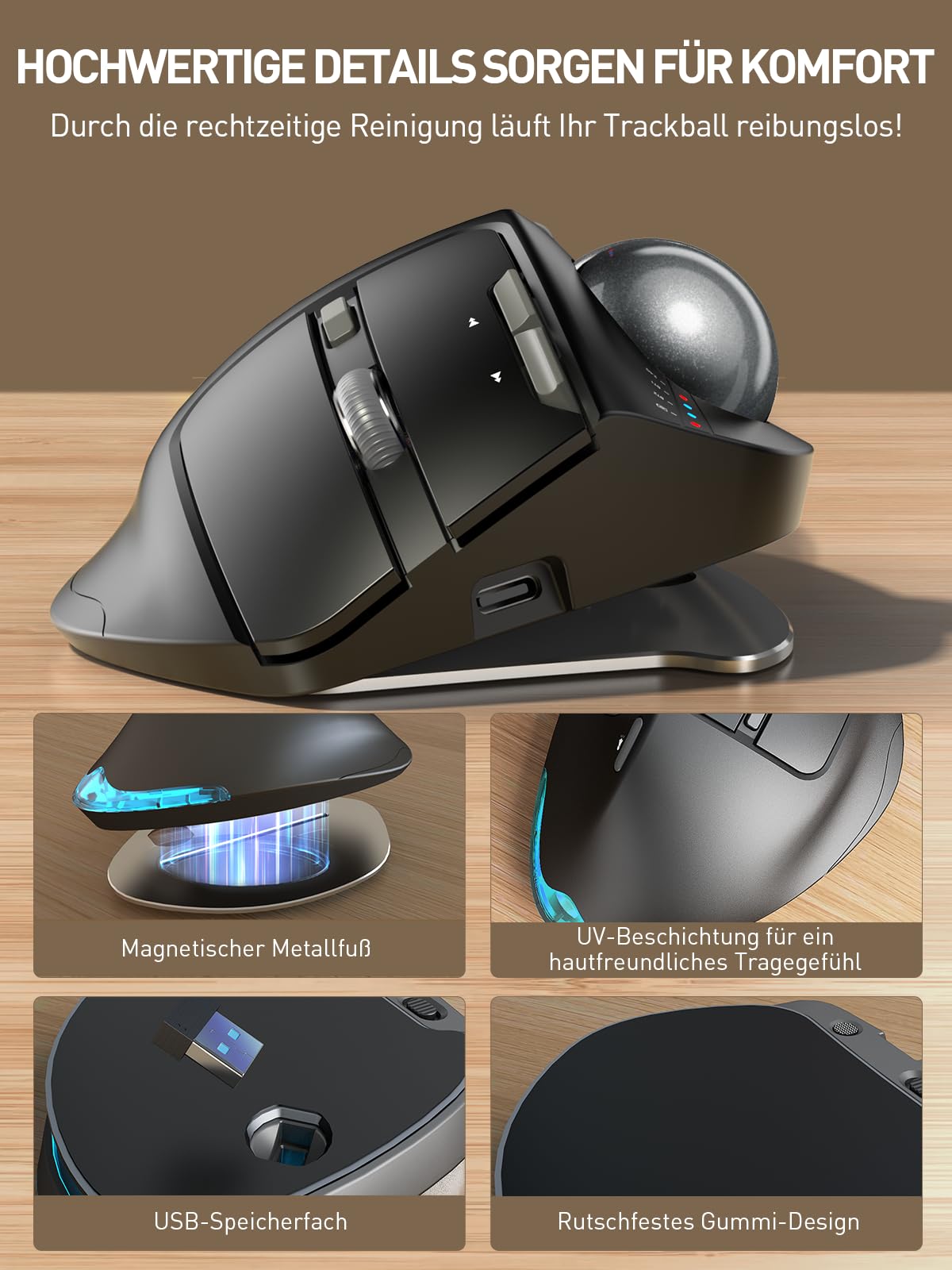 SABLUTE MAM1 Pro Ergonomische Trackball Maus Kabellos, RGB, Bluetooth & USB | Wiederaufladbare Maus mit Daumensteuerung, 5 DPI Stufen, Beleuchtung, Verbindung mit 3 Geräten für PC, Laptop, Mac, Windows