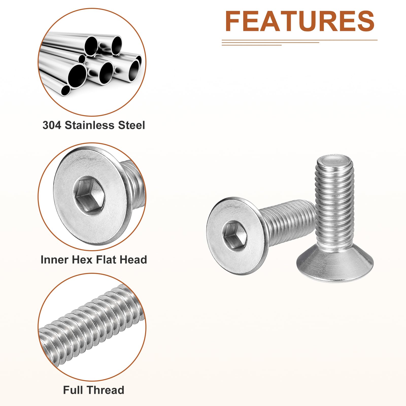 DTGN M10-1.5 x 30mm Flat Head Socket Cap Screws, 10 Pack 304 Stainless Steel Hex Socket Flat Head Screws, Full Thread - Image 4
