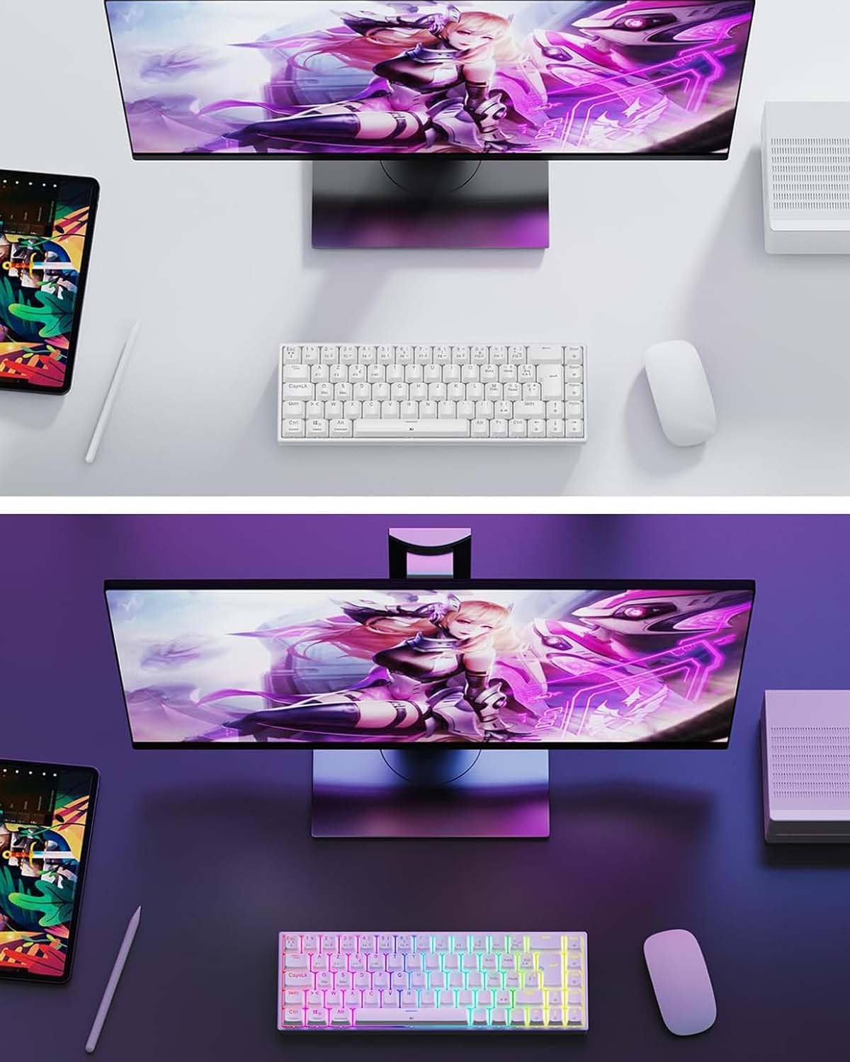 TECURS Tastiera Gmaer TKL 65%, Tastiera Meccanica Ricaricabile/Multi-Device/Retroilluminato RGB, Anti-Ghosting, 68 Touch, AZERTY Switchs Rosso per Windows/Mac, Bianco
