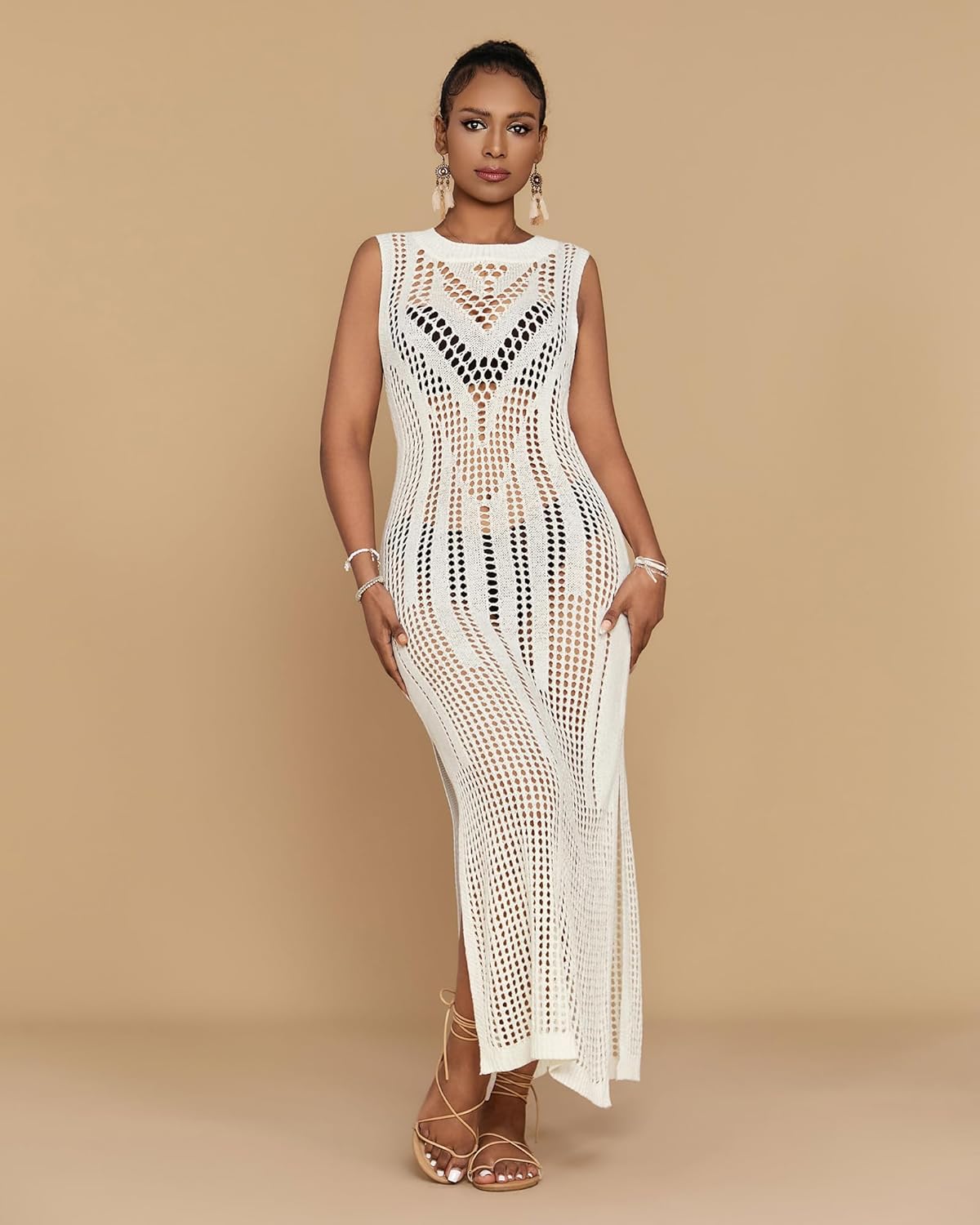 Bsubseach Crochet Beach Cover Ups for Women Hollow Out Sleeveless Swimsuit Cover Up Swimwear Bikini Coverup Dress - Image 5