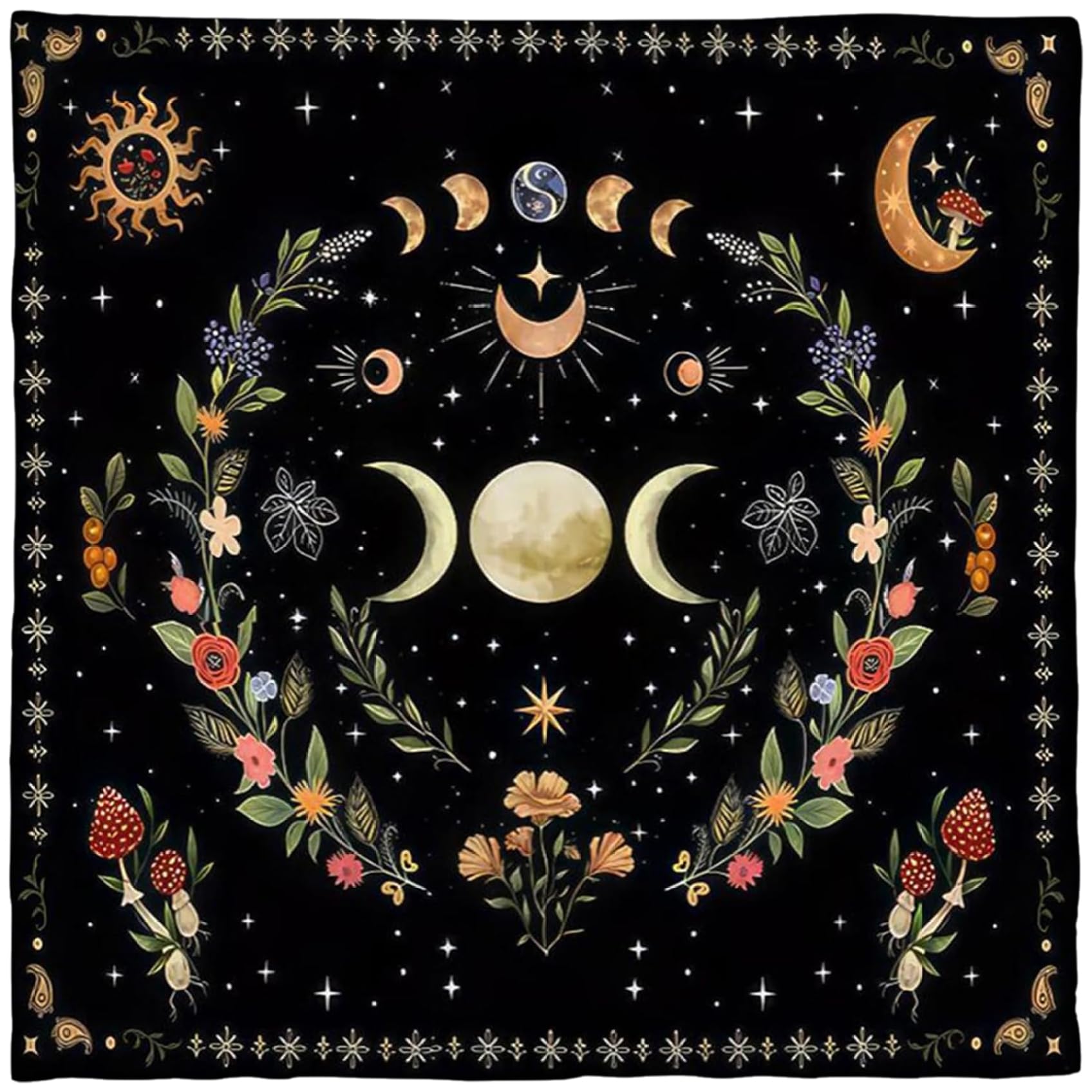 Hotainoys Altar Cloth, Moon Phase Flower Astrology Tarot Cloth, Flannel Divination Tarot for Reading, 29.53x29.53 Inch Square Card for Witchcraft Accessories