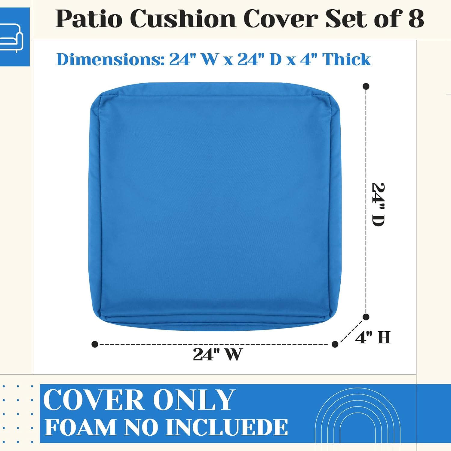 mindsoft 8 pcs 24"x24" patio cushion covers outdoor cushion covers replacement high uv resistant anti slip waterproof patio chair seat slipcovers for outdoor furniture(bright blue) bright blue 24" x 24" x 4"