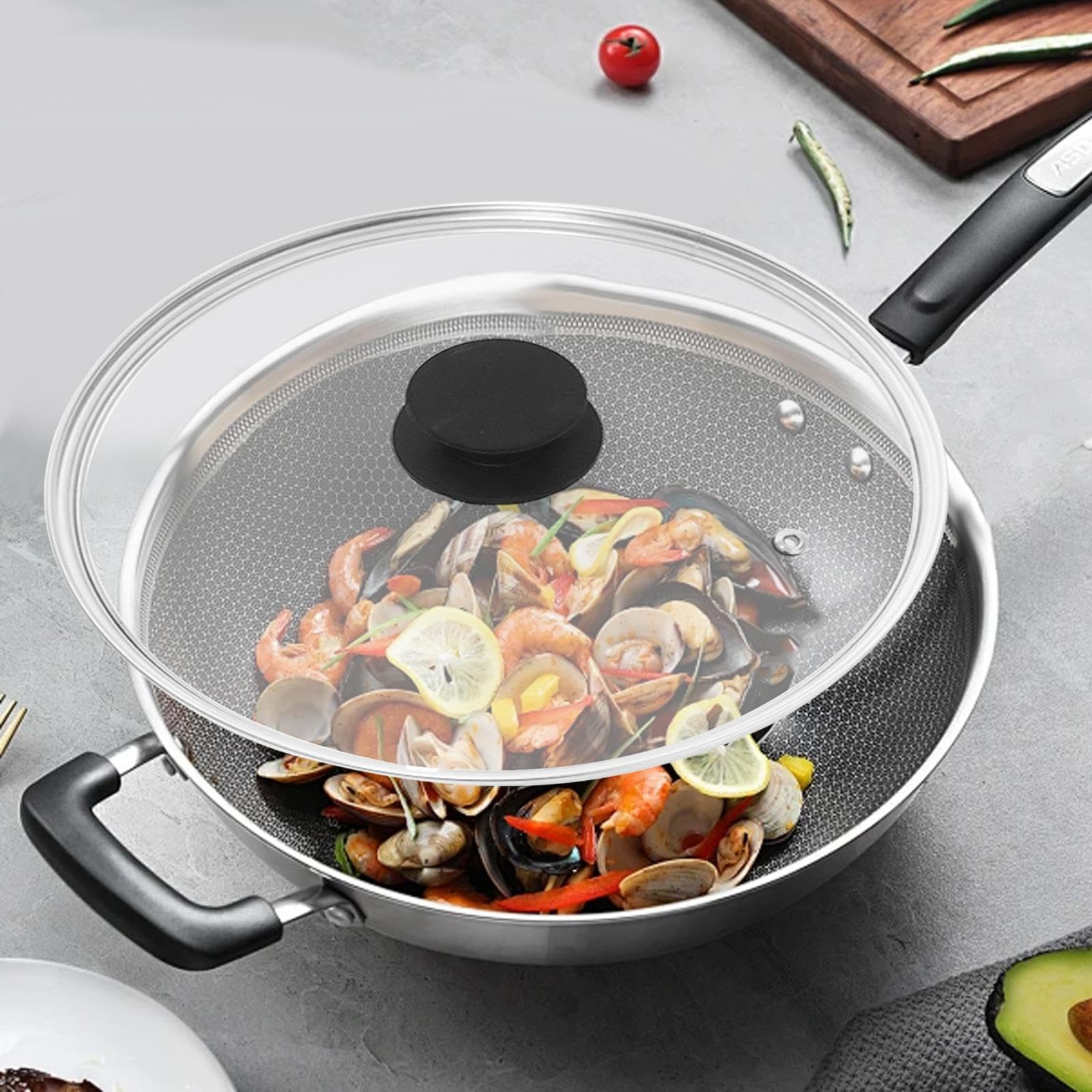 Sharplace Tapa de sartén de 36,7 cm con Borde de Acero Inoxidable, Tapa Universal para ollas, de Repuesto para Wok, Mango Negro