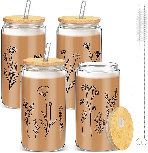 Zubebe Tazas de vidrio con tapas y pajilla, diseño estético, diseño bonito, tazas de flores silvestres de Navidad, 16 onzas, taza de café helado