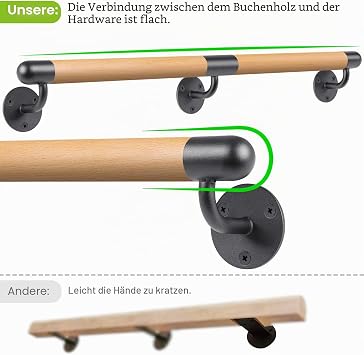 Dolibest Handrail Wooden 150 cm Stair Railing Grab Bar Wall Handle Bar Φ3.8 cm round beech indoor outdoor stairs cellar staircase 227 kg metal holder complete set screw dowels DIY