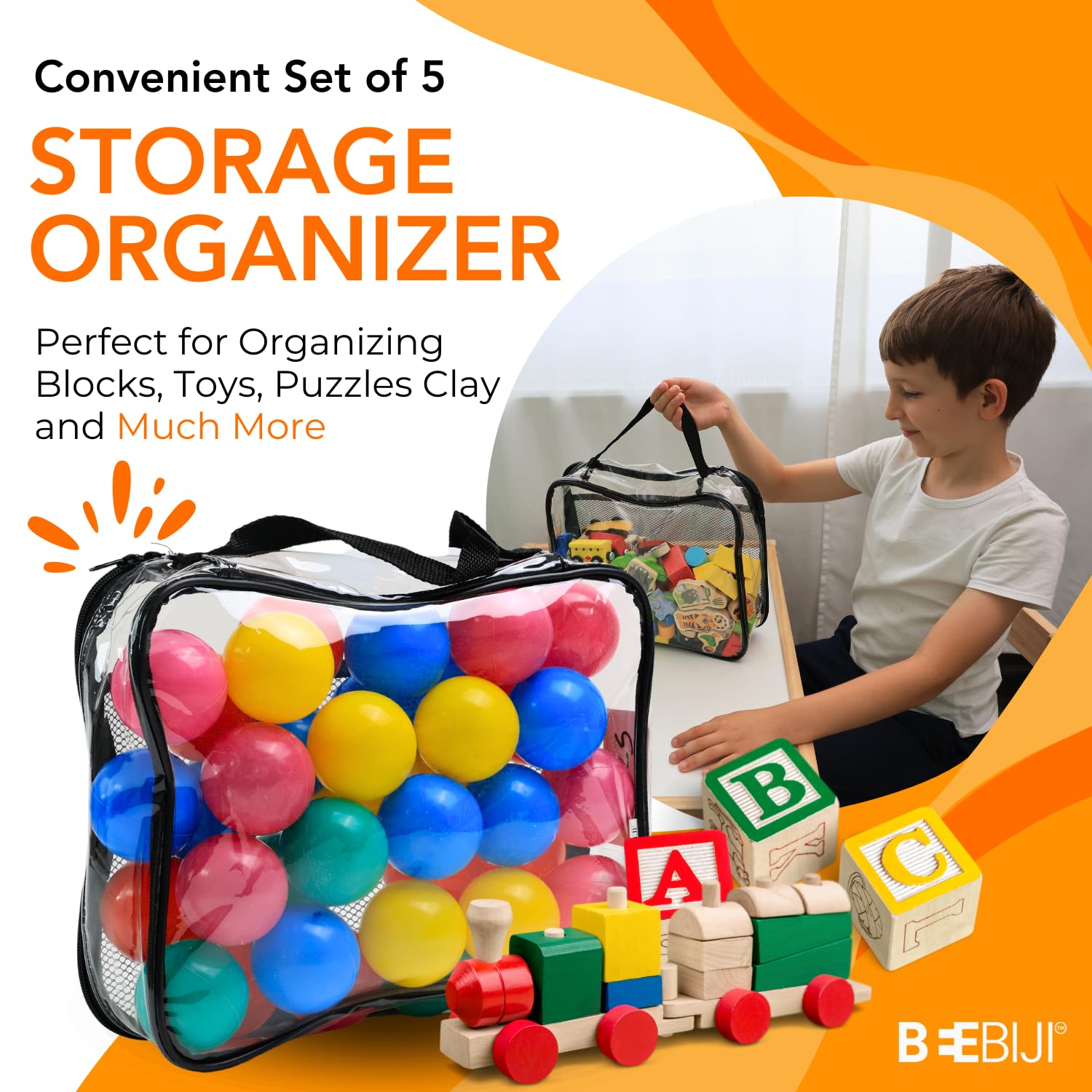Beebiji 5-Pack Toy Storage Bags for Kids – Clear Organizer Pouch with Zippers & Labels – Large PVC Clear Storage Bags for Legos, Building Blocks & Board Games – Stackable Toy Organizers – 12